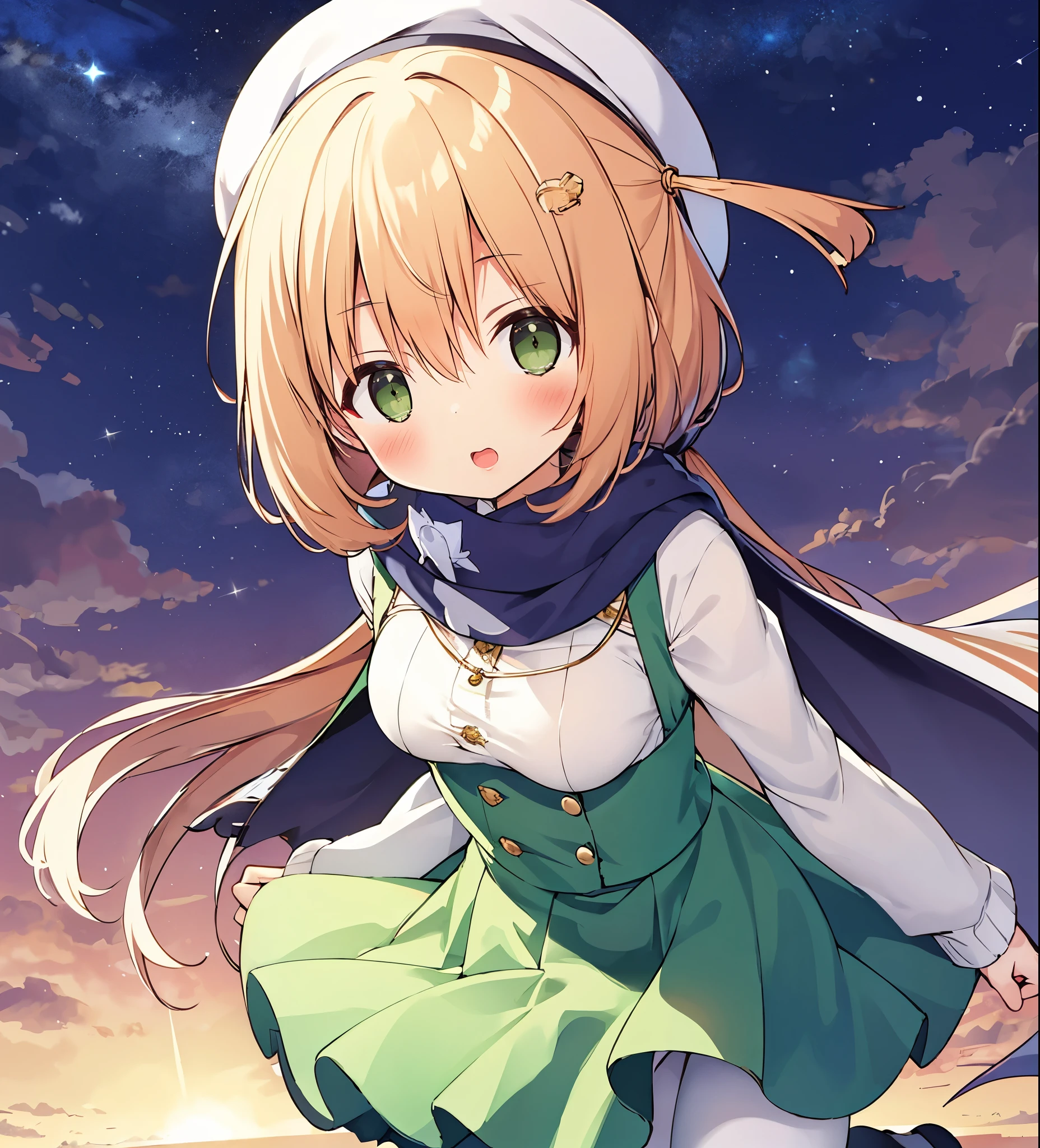 1 girl, alone, scarf, skirt, pantyhose, have, long hair,white underwear , outdoors, eyebrows visible through hair, looking at the viewer, pleated , blush, , bangs, beanie, ,, dutch angle, sneakers,, green skirt, fringe trim, green eyes, holding, Are standing,, clothes,, small mouth, white mittens,sunrise sky, white wide hat, bare ,,mist,heavy breathing,cute,cute, ung girl, alone, side up short hair, pixie cut, bangs, hair ornaments, Eyes,, close view, From Adobe, Severe,, big breasts, 壊す 夜のsunrise skyの背景、green eyes、Silky delicate pale red hair、ラップskirtを着ている幼女、Kyoani style、mouth slightly open