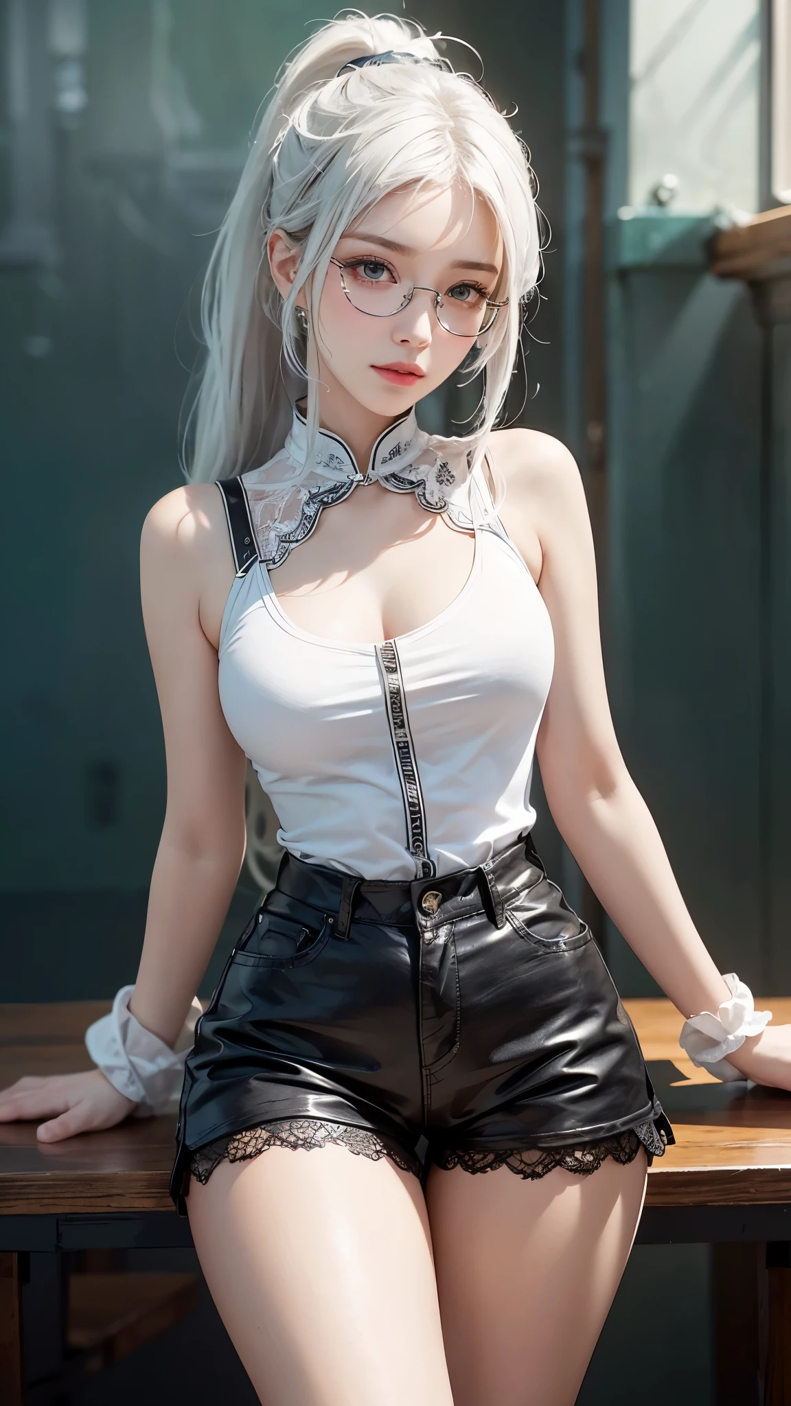 nipples are visible, White hair, bang, ponytails, braids, black triangle skirt, high-waisted tight skirt, Colorful wavy curls, Shiny hair stands out. His eyes are deep and expressive, neon, Korean, The Ideal of Beauty, full height, White skin, earrings, The Ideal of Beauty, big breasts, Breasts are very large and round, huge breasts, Slim waist, nipples are visible, open chest, glasses, hands up, bright red lips, fishnet stockings, Noble Princess, Gothic Lolita Fashion, skirt hiked up from the wind, night sky, Moonlight, vagina is leaking, Vulgar look, wants sex