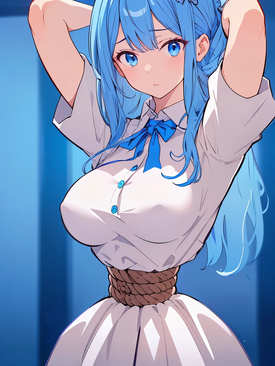 ((masterpiece)), ((best quality)), (ultra-detailed), torture room,(((rope strongly bound waist))),a cute girl, 1girl, solo,whites blouses,ribbon tie,beautiful blown hair, (beautiful blue eyes), long hair, expression of agony