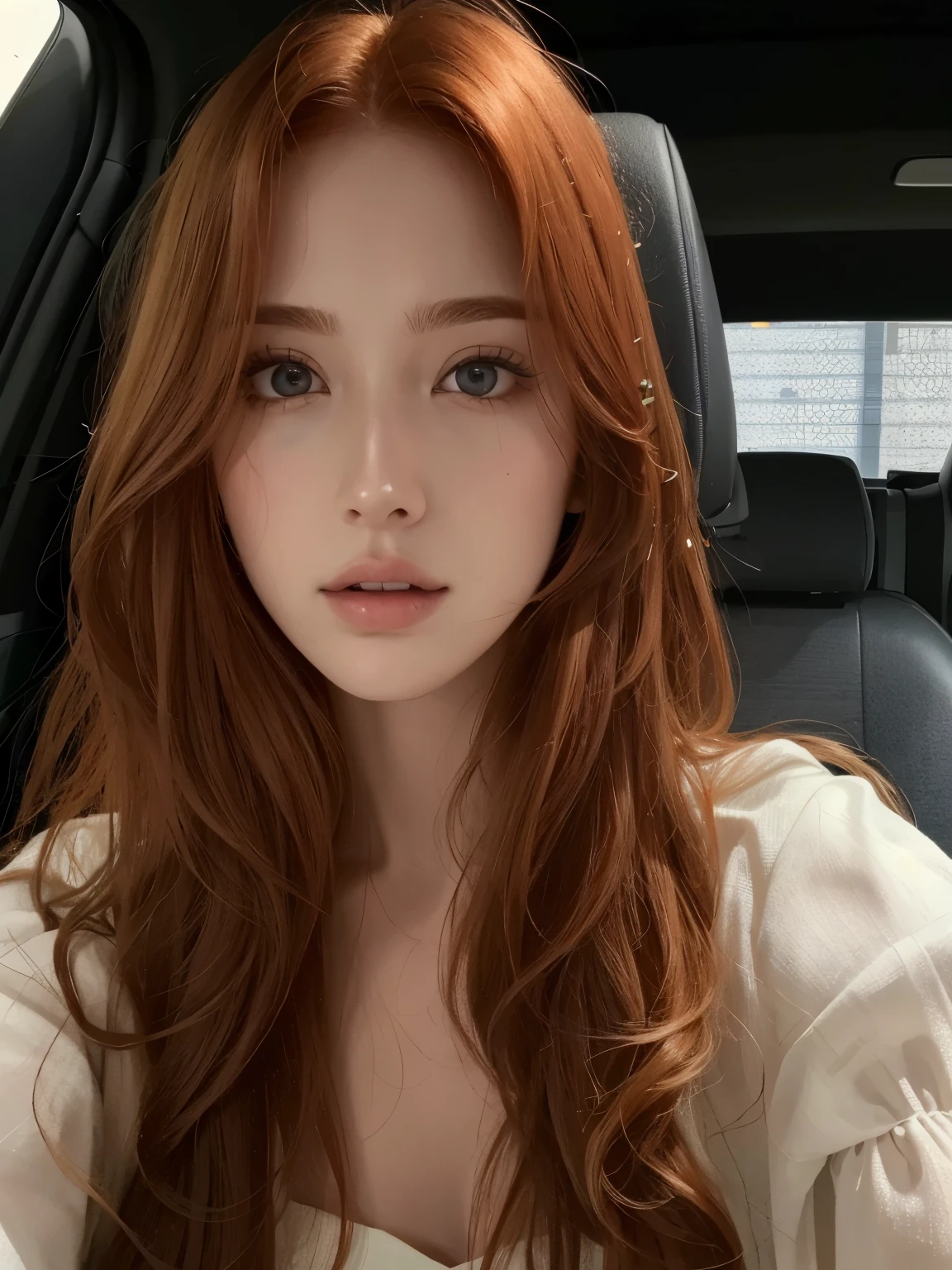 Mujer arafed con el pelo largo y rojo sentada en un coche., hada ellie bamber, ellie bamber, She has long orange-brown hair., lavabo sadie, ella tiene el cabello rojo, taken in the early 2020s, karen gillan, ella tiene el pelo largo y renaranjado, with pale skin, pale and light skin!!, amoranto, pale, shiny skin