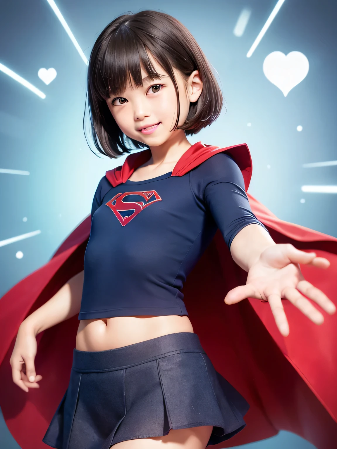 A  is wearing Supergirl clotheasterpiece of realistic painting、highest quality、Spreading black hair、bob cut with trimmed ends、(flat chest)、lolicon、red cloak、belly button、Glowing heart particles dance in the air、fighting pose、whole body、smile