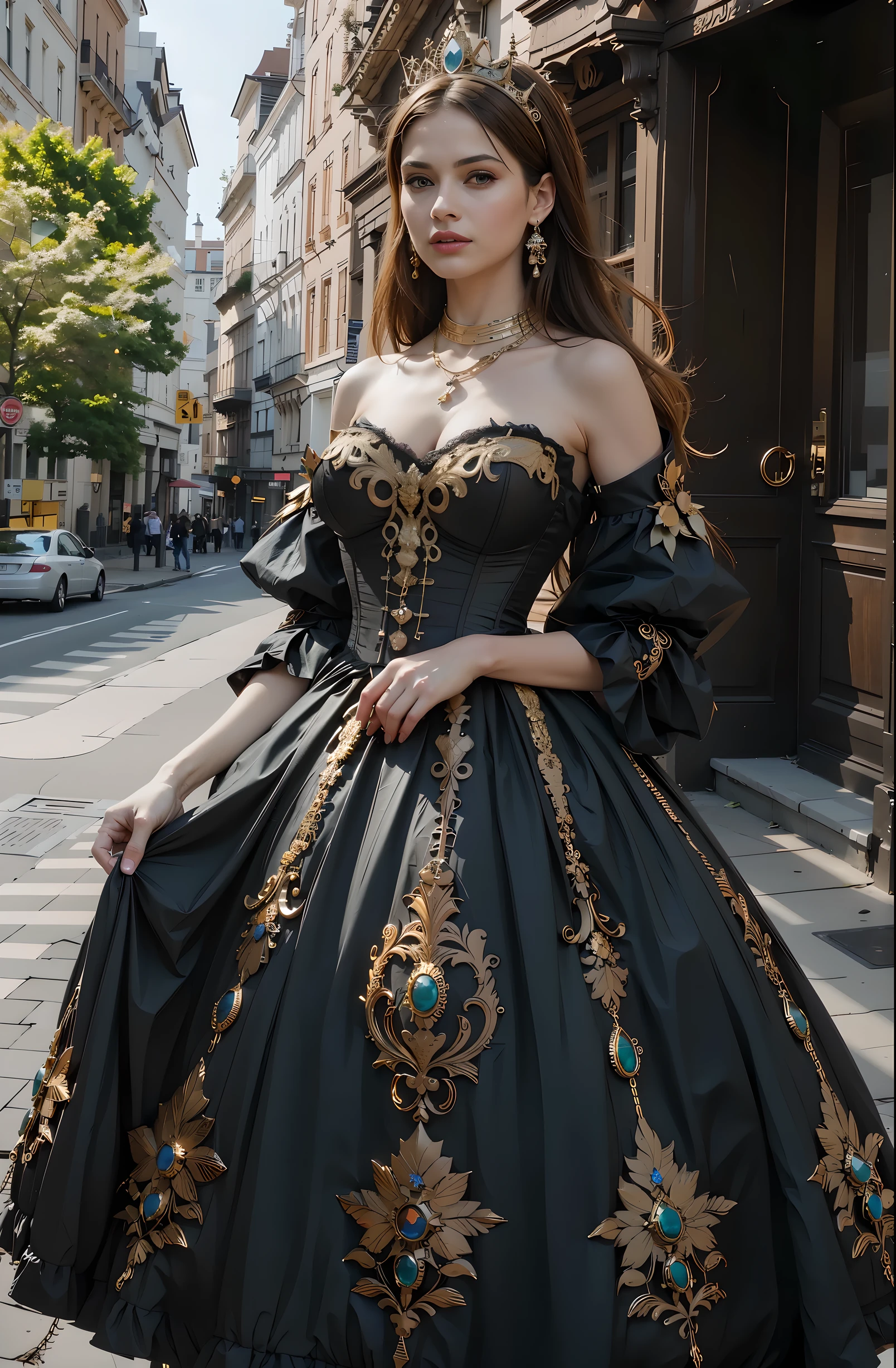 (Best quality,4k,8K,A high resolution,Masterpiece:1.2),ultra detailed,(Realistic,photoRealistic,photo-Realistic:1.37),beautiful black corset, richly decorated in Baroque style, Jewelry stones, Gold jewelry