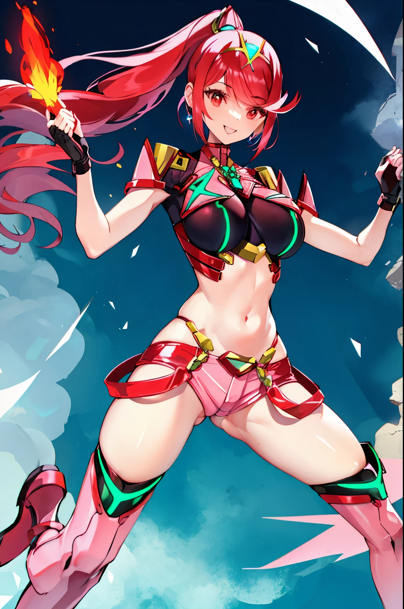 pyra \(xenoblade\), _1girl, , bangs, black gloves, breasts, red eyes, shout, earrings, eyelashes, fingerless gloves, floating hair, , gem, gloves, hair ornament, headpiece, jewelry, big_breasts, leaning back, swimsuit, neon trim, official art, pose, red hair, saitou masatsugu, short_ponytail, sidelocks, skin tight, solo, swept bangs, thighhighs, tiara, fantasy_town_background, underbust, xenoblade chronicles \(series\), (xenoblade chronicles 2), (spread_legs:1.1), fire_effect,fighting,light_smile, big_ass,huge_sword, hold_large_sword_hilt, covered_nipples, covered_pussy, fists,beautiful_fingers,(solo:1.1), bare_shoulder,(shoulder_naked:1.2), (very_short_shorts:1.3),(lise_leg:1.4)