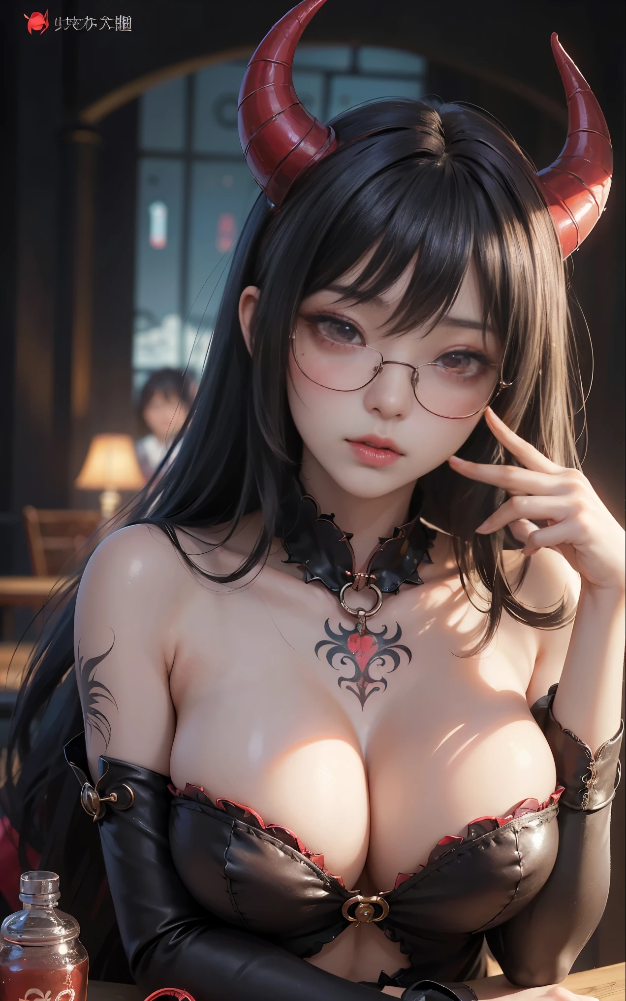 OKですかですか、(best illustrations)、8k UHD resolution、intricate details、highest quality、realistic、Super detailed、best lighting、best shadow、soft lighting、ultra hd、超realistic、Tyndall effect、Photoreal、(high detail skin:1.2)、 (intricate details, compensate, face to face with the children_v1:0.5), (OK, beautiful and delicate face, OKですか, beautiful and delicate eyes, perfectly proportioned face, high resolution skins, fine skin, Optimal ratio of 4 fingers and 1 thumb, arm under chest, red tattoo on lower abdomen、Wow wow, wide hips, smooth abdomen, thin and thin skin, __fashion__, __hair__:1.25)、Digital single-lens reflex camera、 absurd、(table top: 1.3), (maximum resolution: 1.2), (ultra hdTV: 1.2), cinematic light, fine eyes and skin, detailed facial features, , (sharp focus: 1.2）, (focus on the face:1.2),perfect style, beautiful face, acura, anatomically correct, Highly detailed face and skin texture, fine eyes, double eyelid, thin eyebrows, glitter eyeliner: 1 natural cheeks, Glossy skin, Fair skin: 1.2, (glossy lips: 1.4),(embarrassed look: 1.2),Highly detailed face and skin texture, fine eyes, double eyelid, natural cheeks,  glossy lips: 1.4,exposed cleavage、Bewitching。charm、 Beautiful devil woman from hell, デヴィッド・ホックニーとアルフォンス・ミュシャによる超realistic女性の肖像画, charm女性の肖像画、fantasy art, Chinese humanoid robot、chinese actress、dungeon、dragon、devil&#39;palace of、devil&#39;torture chamber、night、dark style 、in the dark、(detailed spooky background:0.8), magic、 1 girl、evil nun、dark necromancer、Succubus、devil&#39;Daughter of、Shinonome Umi、bat wings，(((devil&#39;Horn)))、 ((((giant glasses, otaku glasses, thick glasses, round glasses)))),(((big breasts)))、(devil&#39;Tail)、(red eyesは光り輝いて:1.6)、red eyesは非常に鮮明で詳細です, your eyes are so beautifully made, ((red eyes:1.0)),intricate tattoo, demonic intricate tattoo, thigh tattoo, body tattoo, masterpiece、最もbeautiful face、baby face、cute smile、beautiful plump red lips、筋肉のcharm体、devilのcharm体、devil style、charmブラックマジックコスチューム、The long-haired、Braid、Black hair、Ponytail distortion、, Ponytail with a bow tied at the back of the hair, beautiful expression、body up、big breasts強調、bust,  super tight chest, Breast augmentation surgery, Breasts are very big and round,tight waist、wide ass、 secret key, cowboy lens, (black phoenix dress: 1.0),  devil crown,  bright red jewel necklace、Jewelry G Wise,  Please wear black mesh socks,wearing light red、nffsw, nffsw, Meeting beautiful girls, look at the girl&#39;Main body,