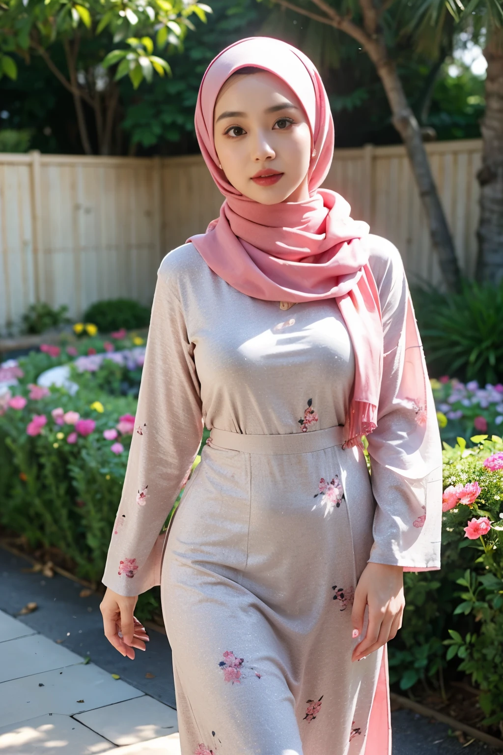 Photo of a young bookish Malay woman wearing a hijab walking in a flower garden, the woman wearing a pastel floral patterned baju baju baju baju, surrounded by a comfortable, cool atmosphere, looking at the viewer.big breast, (Skin details:1.3), hairy hands, Hijab, slim, red lips, seductive with bokeh camera background