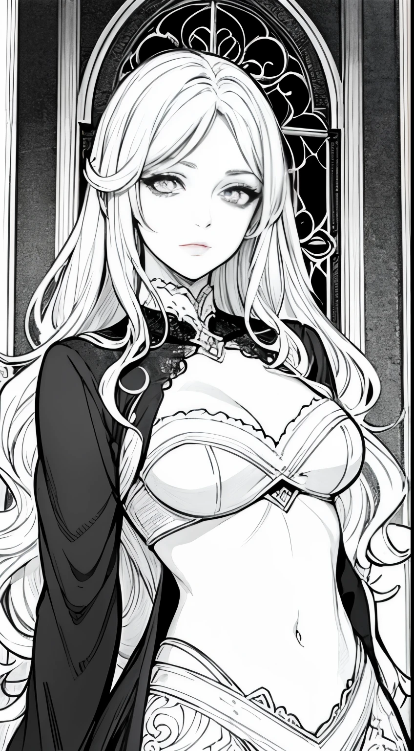 Black and white line art coloring page of a beautiful woman in the style of anime realism, wavy hair and perfect slim fit body, masterpiece digital art with gothic animecore influence, berry, vibrant, living room, highly detailed gothic style background, eye-catching composition, artgerm, milo manara, sharp focus, portrait