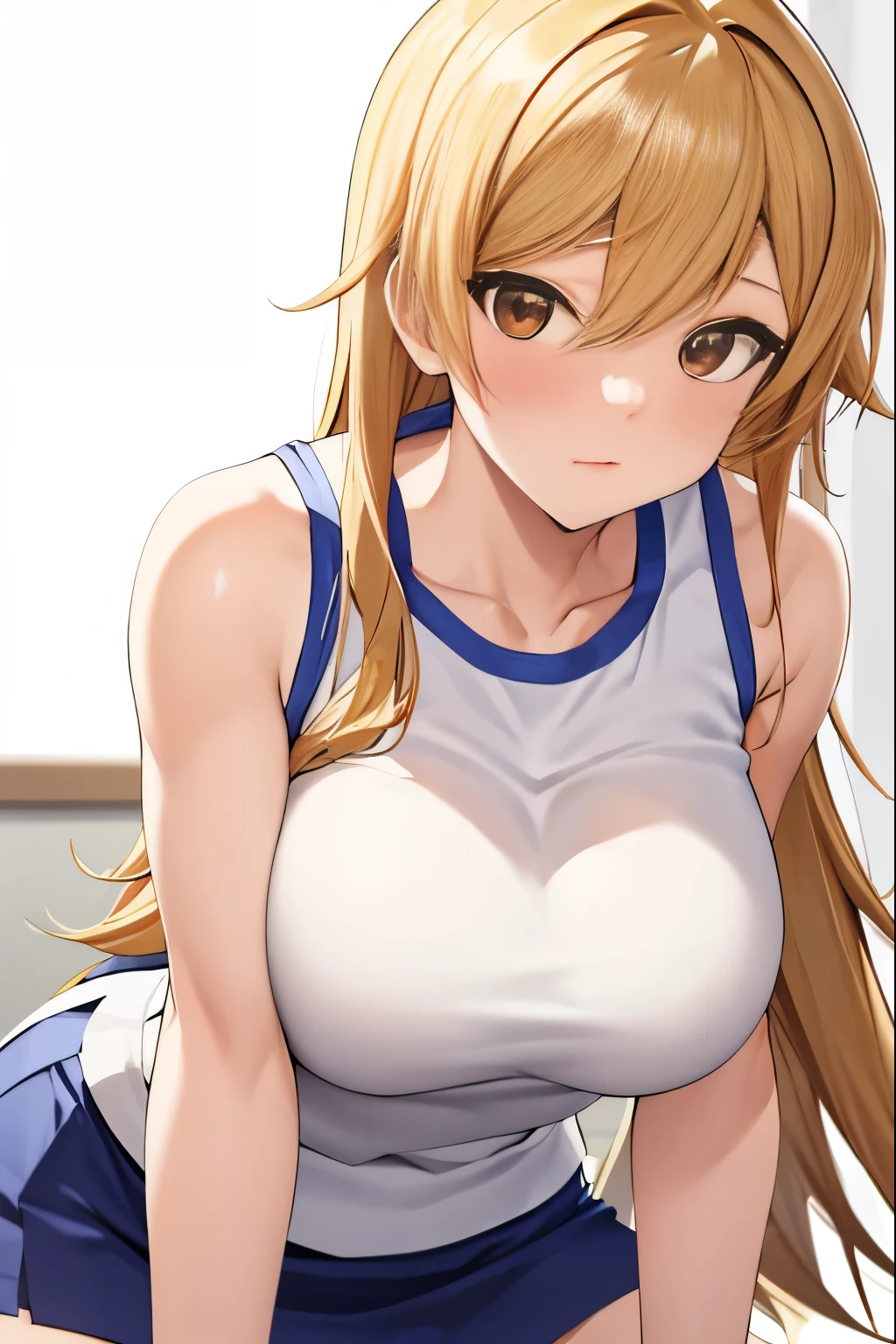 Close-up of a woman with long blonde hair, brown eyed woman, classic women, big breasts, had very large breasts, Made at Anime Painter Studio, Tits, clothing:white tank top, women romance, anime style, muscular woman, skin tight tank top, feminine and muscular, tall, high school girl, adult sex appeal, wore a tight skirt, anime dick!!!!, tanktop with an white, bare shoulders, bare arms, 