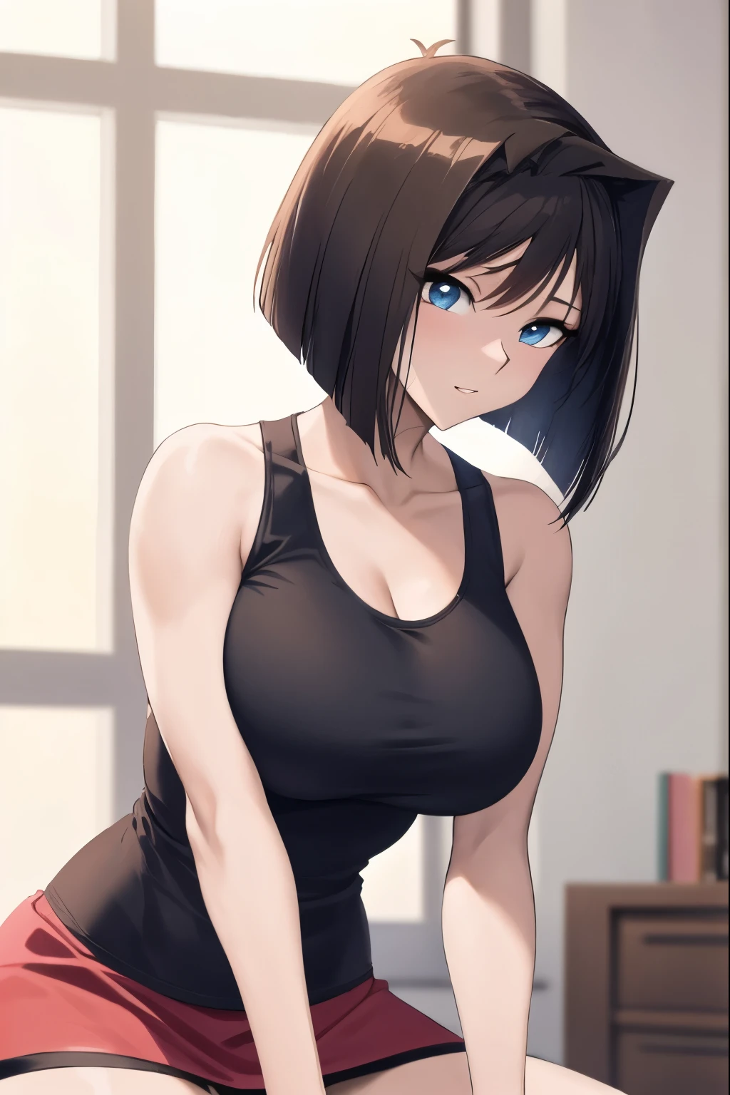 Close-up of a woman with short brown hair, blue eyed woman, bob cut, classic women, big breasts, had very large breasts, Made at Anime Painter Studio, Tits, clothing:black tank top, women romance, anime style, muscular woman, skin tight tank top, feminine and muscular, tall, high school girl, adult sex appeal, wore a tight skirt, anime dick!!!!, tanktop with an black, bare shoulders, bare arms, 