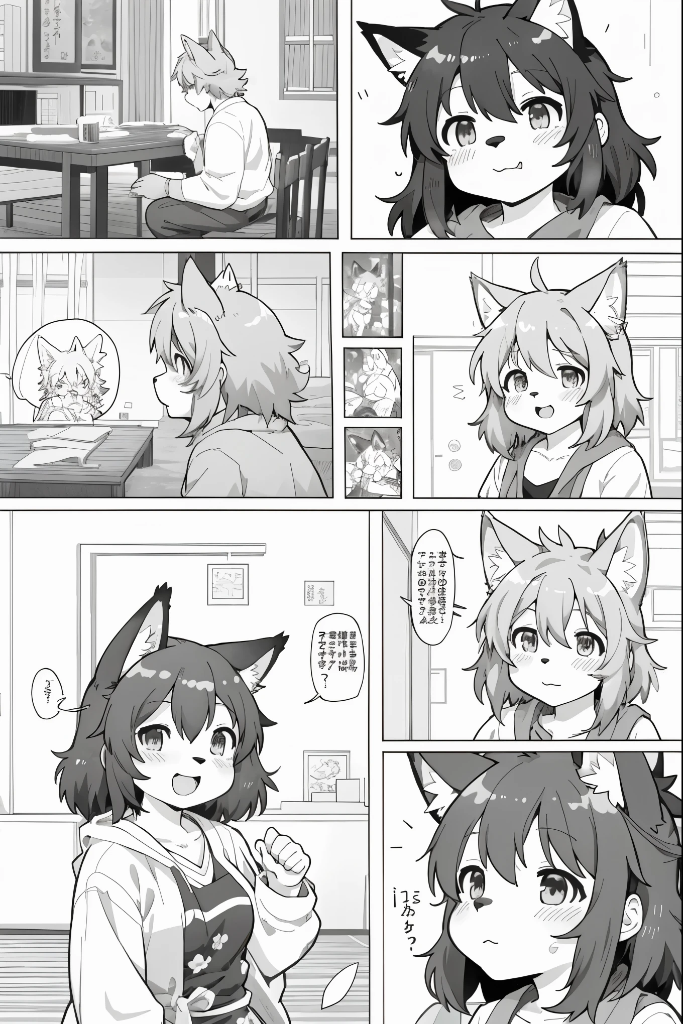 top quality, best quality, highres, unparalleled masterpiece, perfect artwork, paid reward available, indoor, couple of comics(super cute 1girl, 1wolf, kemono, furry anthro)tumblr, sosaku hanga, black and white manga page, manga page, doujin, ddlc, anime, comedy comic, black and white manga panel, zerochan,