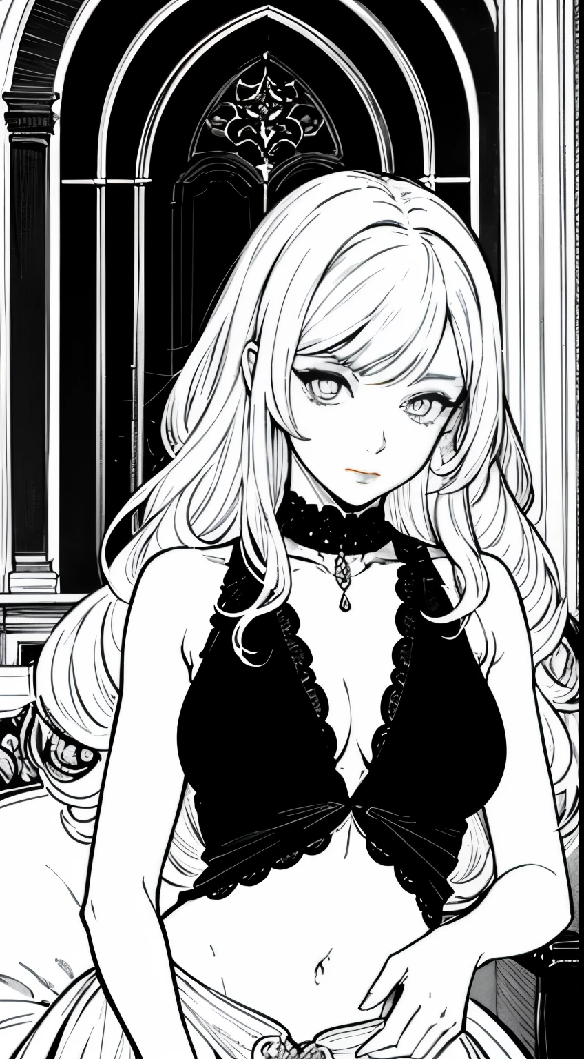 Black and white line art coloring page of a beautiful woman in the style of anime realism, wavy hair and perfect slim fit body, masterpiece digital art with gothic animecore influence, berry, vibrant, living room, highly detailed gothic style background, eye-catching composition, artgerm, milo manara, sharp focus, portrait