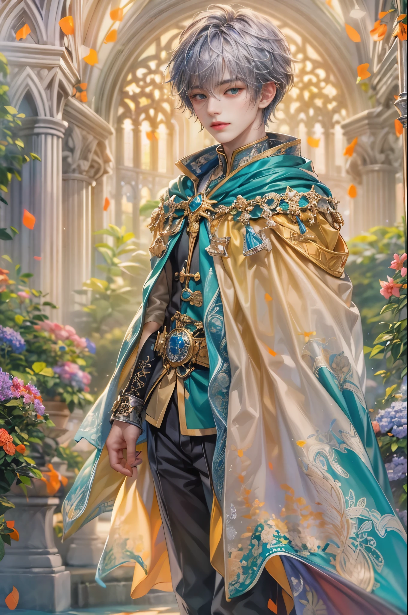 (absurdres, highres, ultra detailed, HDR), masterpiece, Intricate details,best quality picture of a character from Star Ocean, handsome  boy with random Hair color between peach, apricot, periwinkle, cream, red, blue, green, orange, yellow, or purple, anime eyes, Hero Outfit showing Chest with cape in a random color, detailed outside garden cathedral scenery, detailed character, art kenouji
