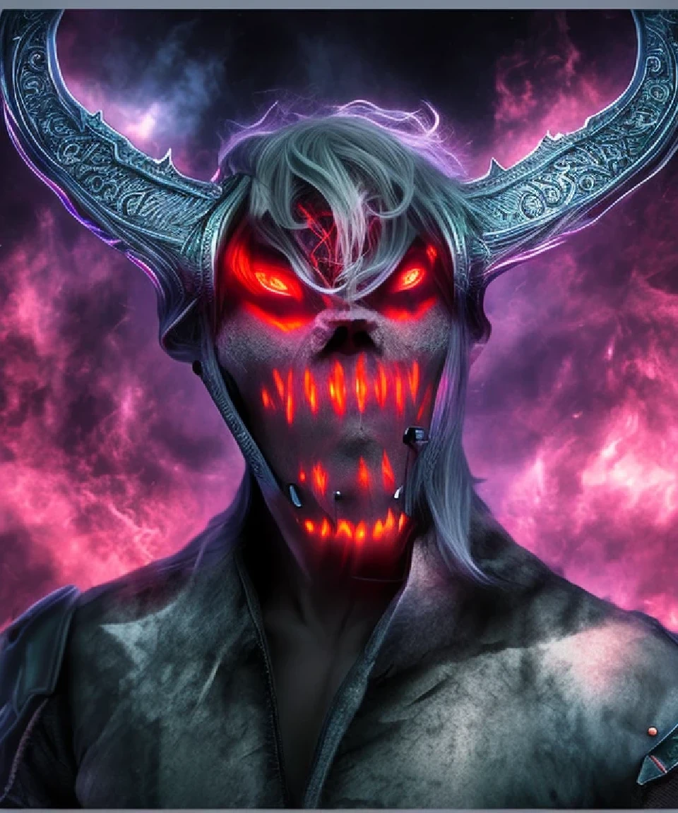 long gray hair 3 horns, 3 eyes, res eyes, fiery background