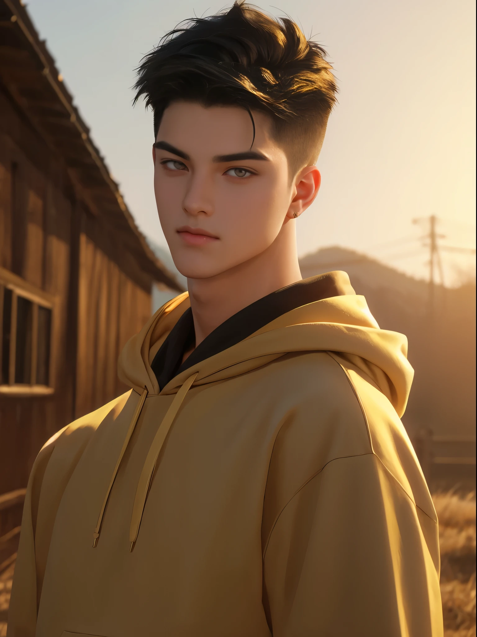 masterpiece, 1boy, young, handsome, black hair, undercut hair, perfect face, detailed eyes and face, gold eyes, hoody, clean shaved, muscular, capturing a rural atmosphere, dynamic lighting