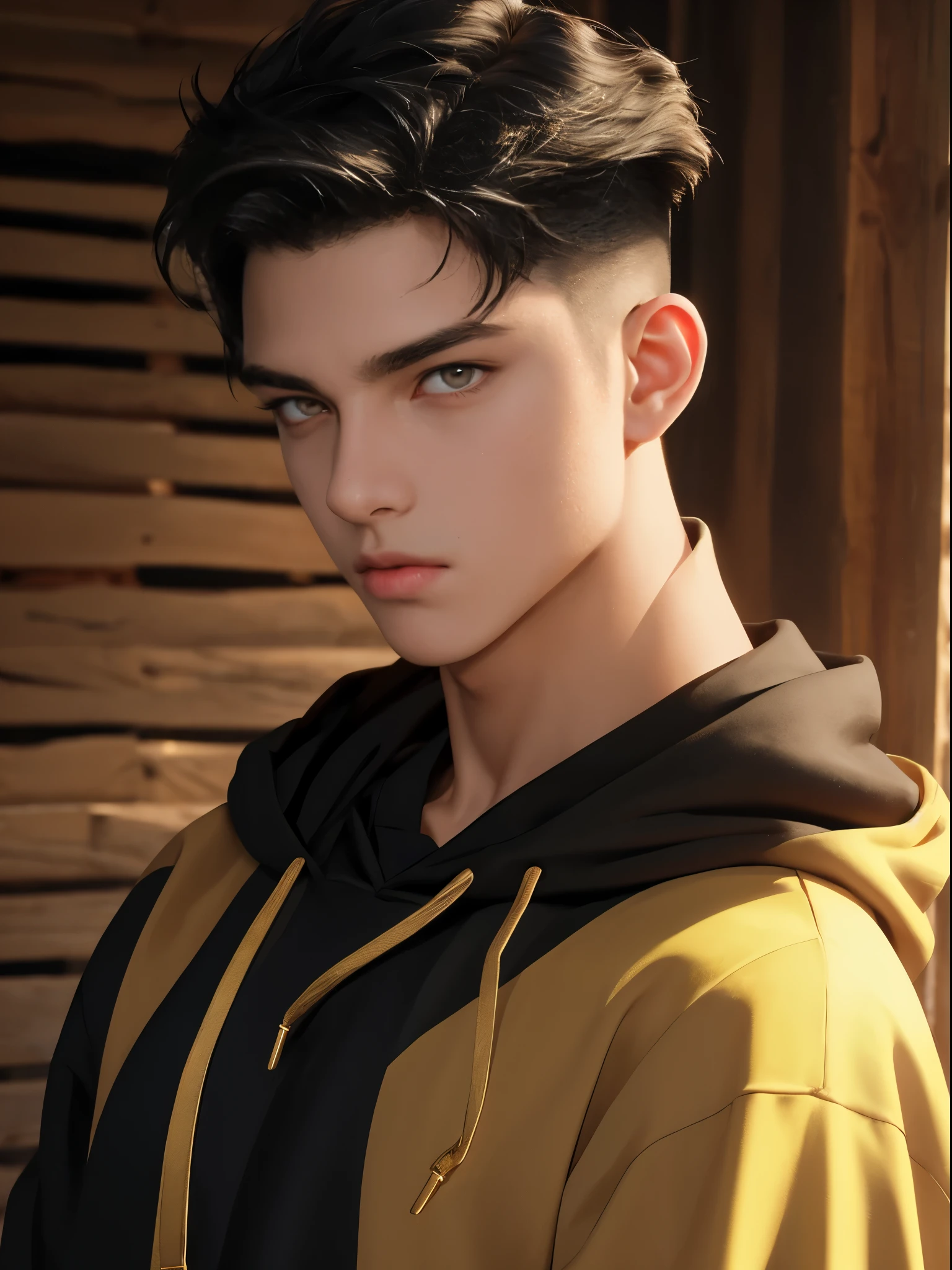 masterpiece, 1boy, young, handsome, black hair, undercut hair, perfect face, detailed eyes and face, gold eyes, hoody, clean shaved, muscular, capturing a rural atmosphere, dynamic lighting