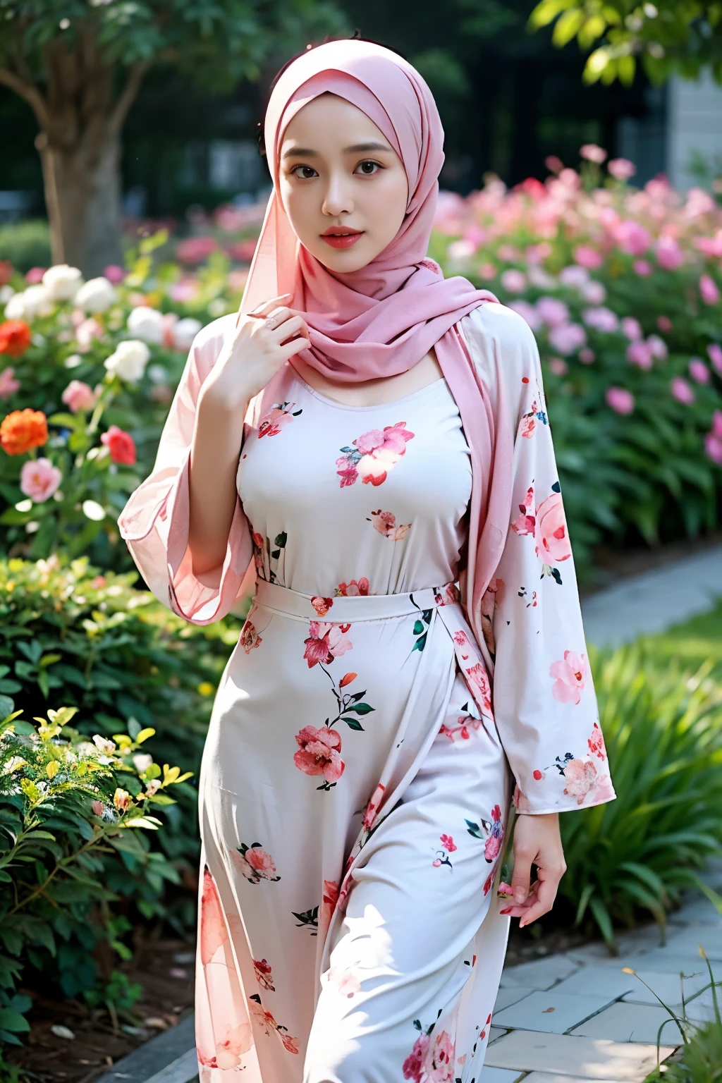 Photo of a young bookish Malay woman wearing a hijab walking in a flower garden, the woman wearing a pastel floral patterned baju baju baju baju, surrounded by a comfortable, cool atmosphere, looking at the viewer.big breast, (Skin details:1.3), hairy hands, Hijab, slim, red lips, seductive with bokeh camera background