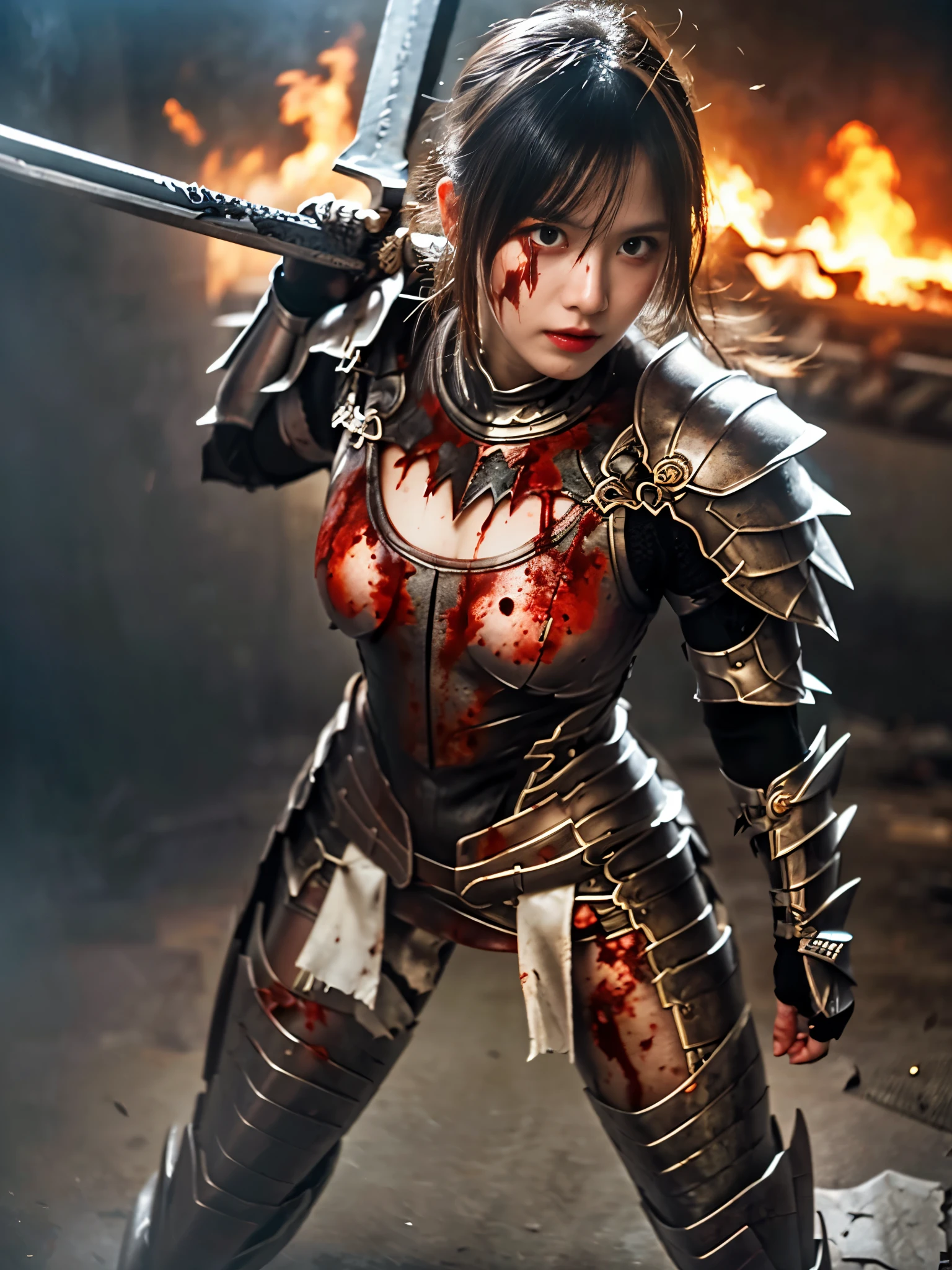(((high-detail, ​masterpiece, Attention to detail, crisp detail, sharp image, high definition image, 8k, realistic, beautiful, full body photograph))), perfect studio lightning, 18 years old, delightful face,  ideal body, virgin, long smooth straight hair, tied behind, large breast, random expression, wearing japan heavy armor, full decorated armor, full body armor, swinging japan sword, sword attacking pose, sweating,  stained face, bloodtered armor, bloodbath, everywhere, epic battle, death backgrounttleground, carnage, war zone, warpath, japan bakumatsu era