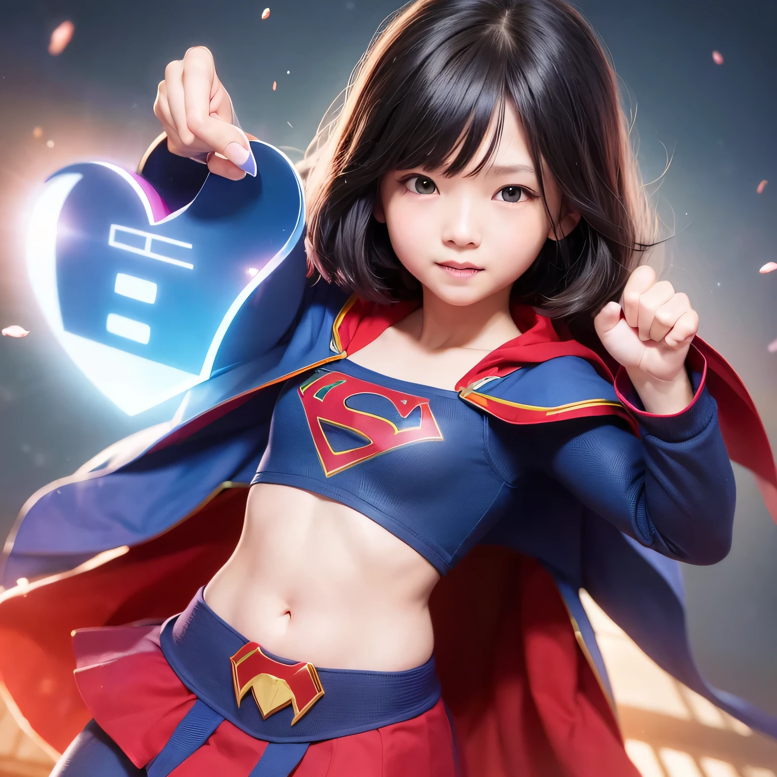 A very elementary school student is wearing Supergirl clothes..、masterpiece、highest quality、Spreading black hair、bob cut with trimmed ends、(flat chest)、con、red cloak、short sleeve、pink heart shaped particles、Rooftop background with pool、whole body、smile、