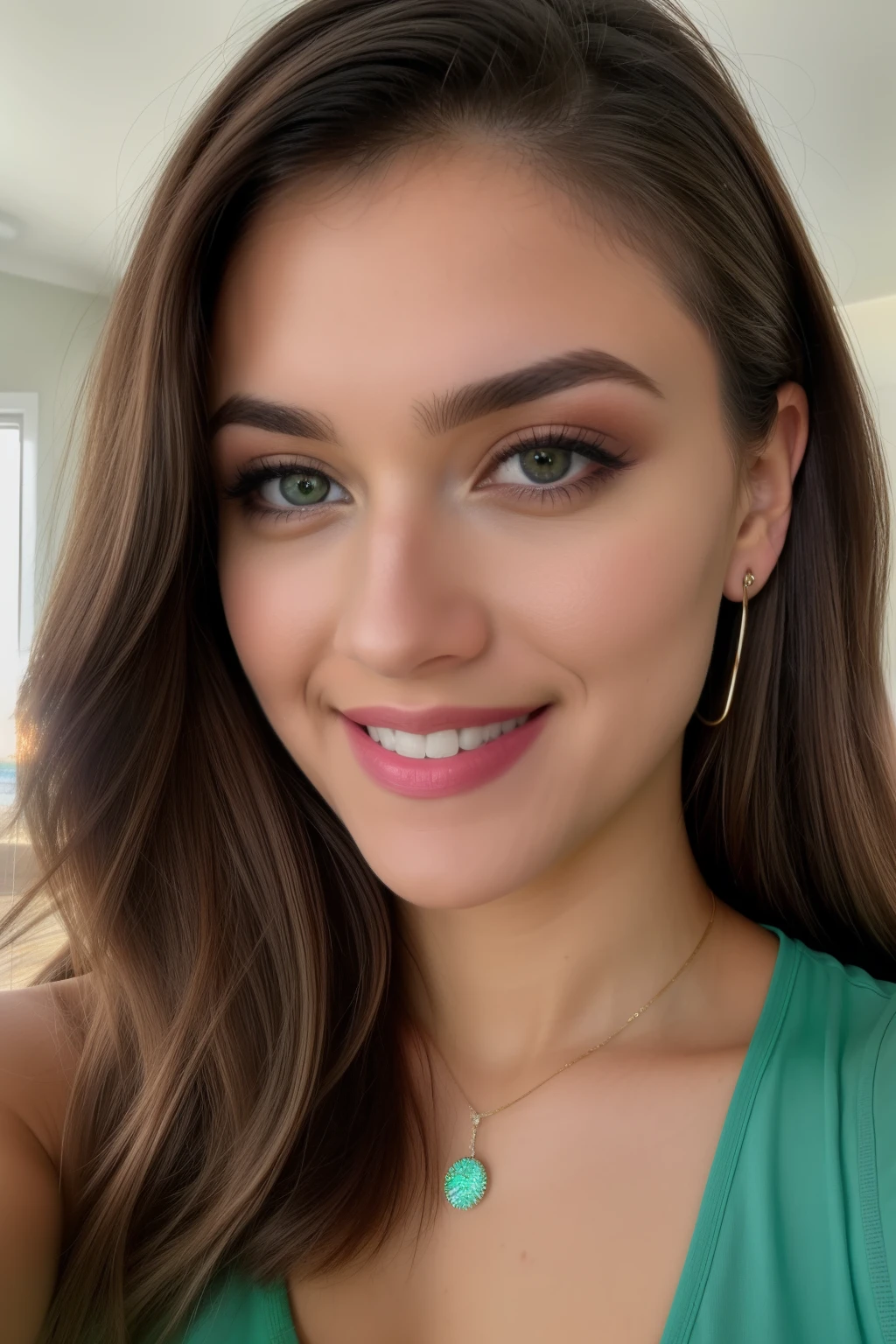 RAW photo in sequence, an image of a beautiful young woman with green eyes, ((selfie da parte superior do corpo, sorridente)), olhos verdes detalhados, cabelos loiros claros, rosto detalhado, planos de fundo detalhados pouco desfocados, luzes naturais, HDR, foto realista, foto profissional, flertando com o espectador, visual sexual, fotorrealista, Linda, pele natural, 8k UHD, alta qualidade, filmic grain, Fujifilm XT3.