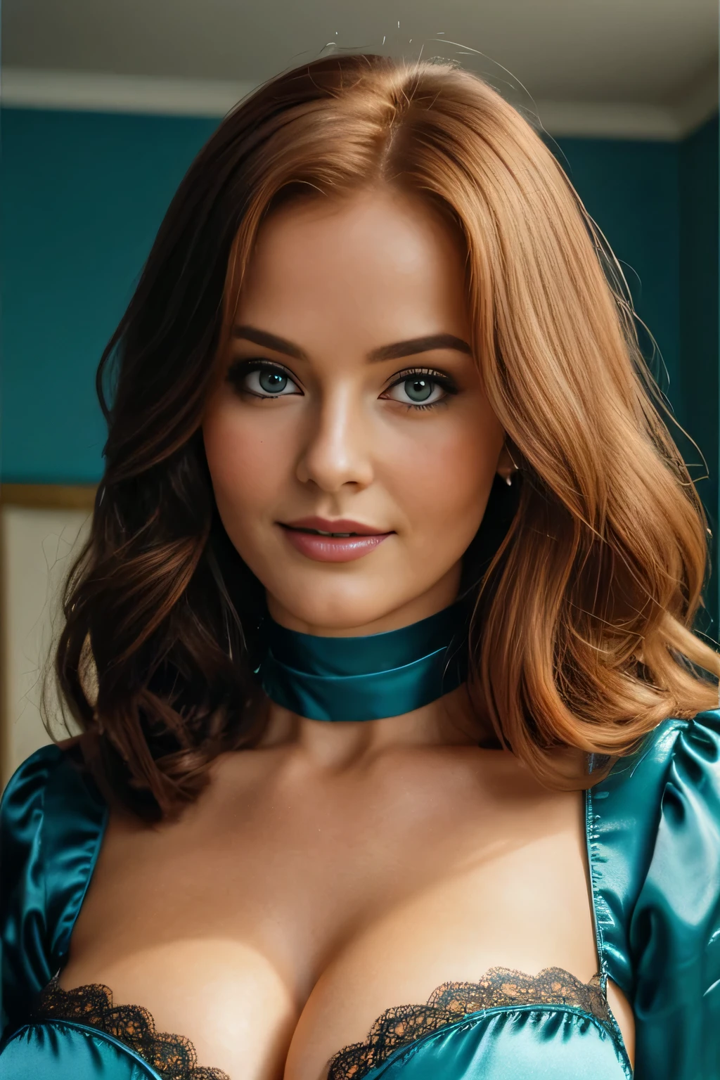 Jeune milf , le 21, photo vintage, visage feminin parfait, erotic, ROUSSE tache de rousseur, 1977, Tout de suite, , foulard, excited, mode, big huge tits : 38HH, COSTUME DE SATIN TURQUOISE, BEAUTIFUL detailed and perfect human EYES, De belles mains, DES SOURIRES LÉGERS, FOND D'ARCHIVES ORANGE, very huge tits, PLAN GROS PLAN , DÉCOLLET TRÈS LONG, perfectly detailed human hands, Vue de face, PORTRAIT POV,