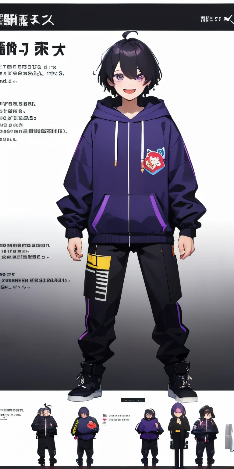 on lap,((((upright)))), ((((stand up)))), looking at the viewer, simple background、white background, 1 man, open your mouth, smile, Virtual YouTuber、((highest quality, expensive_solve, clear_image)),(black hair), (Ahoge), (ridiculously short hair), (purple eyes),、laughter、((concept art))、((front))、Men、black and purple hoodie