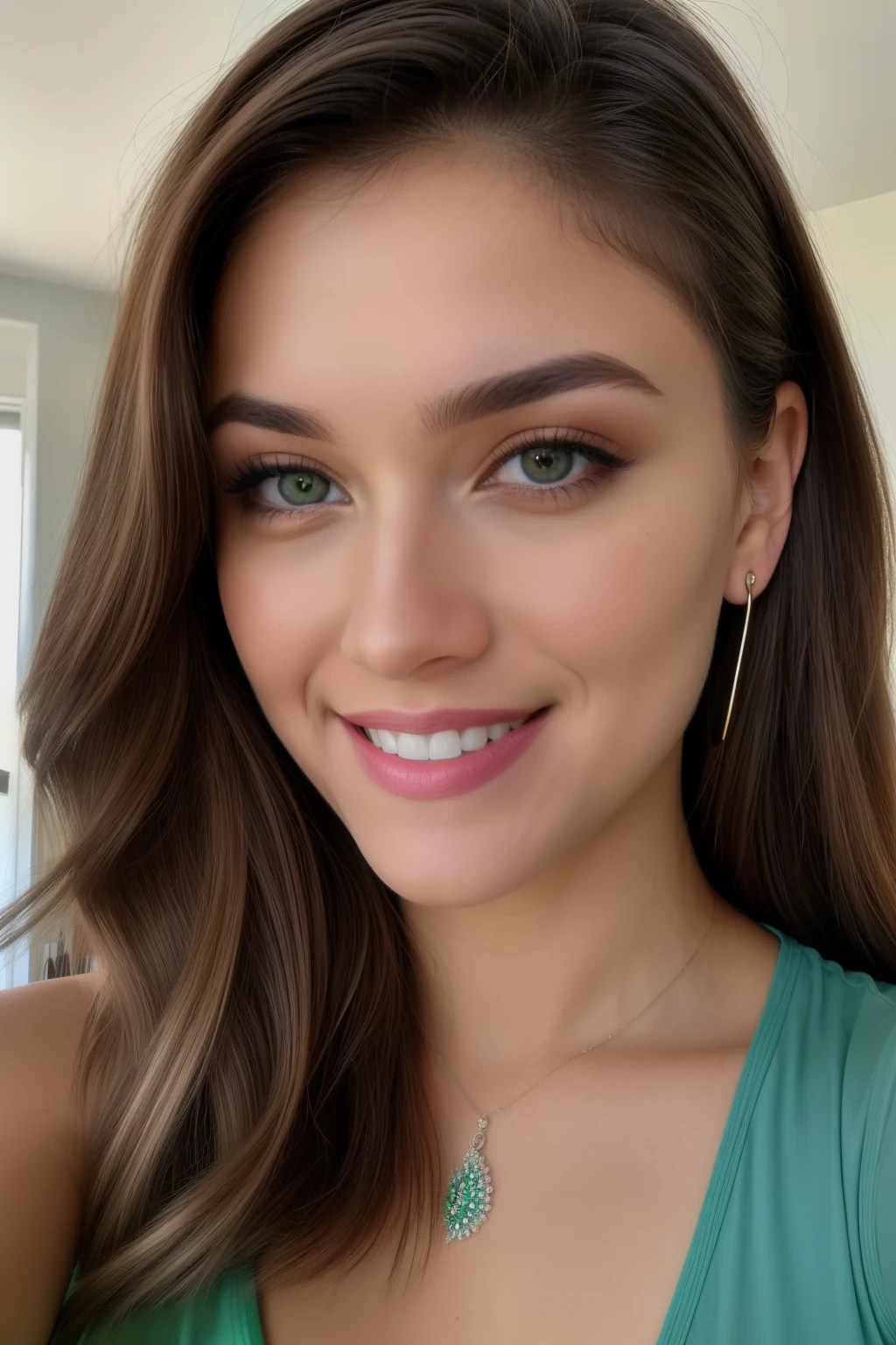 RAW photo in sequence, an image of a beautiful young woman with green eyes, ((selfie da parte superior do corpo, sorridente)), olhos verdes detalhados, cabelos loiros claros, rosto detalhado, planos de fundo detalhados pouco desfocados, luzes naturais, HDR, foto realista, foto profissional, flertando com o espectador, visual sexual, fotorrealista, Linda, pele natural, 8k UHD, alta qualidade, filmic grain, Fujifilm XT3.