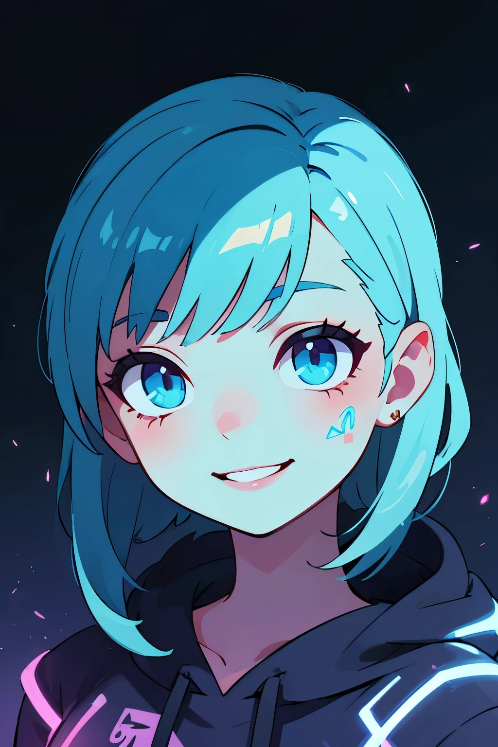 ((best quality)), ((masterpiece)), (detailed), perfect face, detailed background, masterpiece, best quality, smile, ornament, hoodie, portrait, blue neon, graffiti, dark, night, glowing eyes, blacklight
