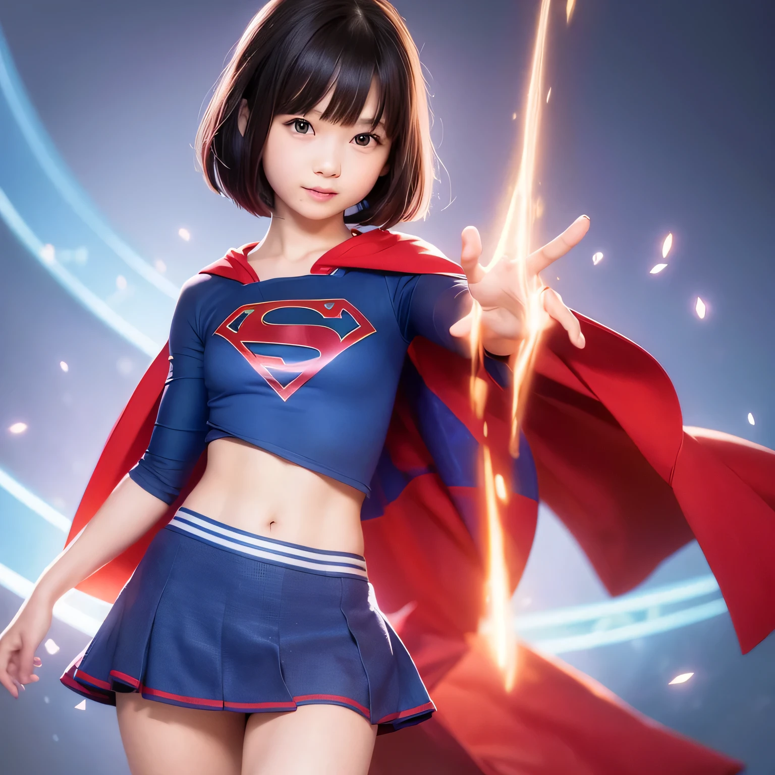 A very elementary school student is wearing Supergirl clotheasterpiece of realistic painting、highest quality、Spreading black hair、bob cut with trimmed ends、(flat chest)、con、red cloak、belly button、Glowing heart particles dance in the air、fighting pose、whole body、smile