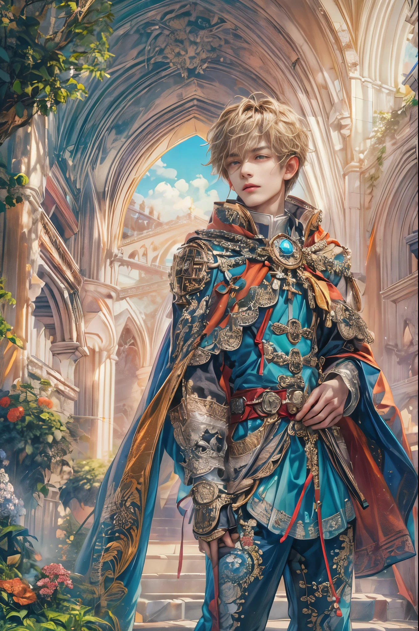 (absurdres, highres, ultra detailed, HDR), masterpiece, Intricate details,best quality picture of a character from Star Ocean, handsome boy with short Hair anime eyes, intricate details on face, Hero Outfit showing Chest with cape in vivid color, detailed outside garden cathedral scenery, detailed character, art kenouji