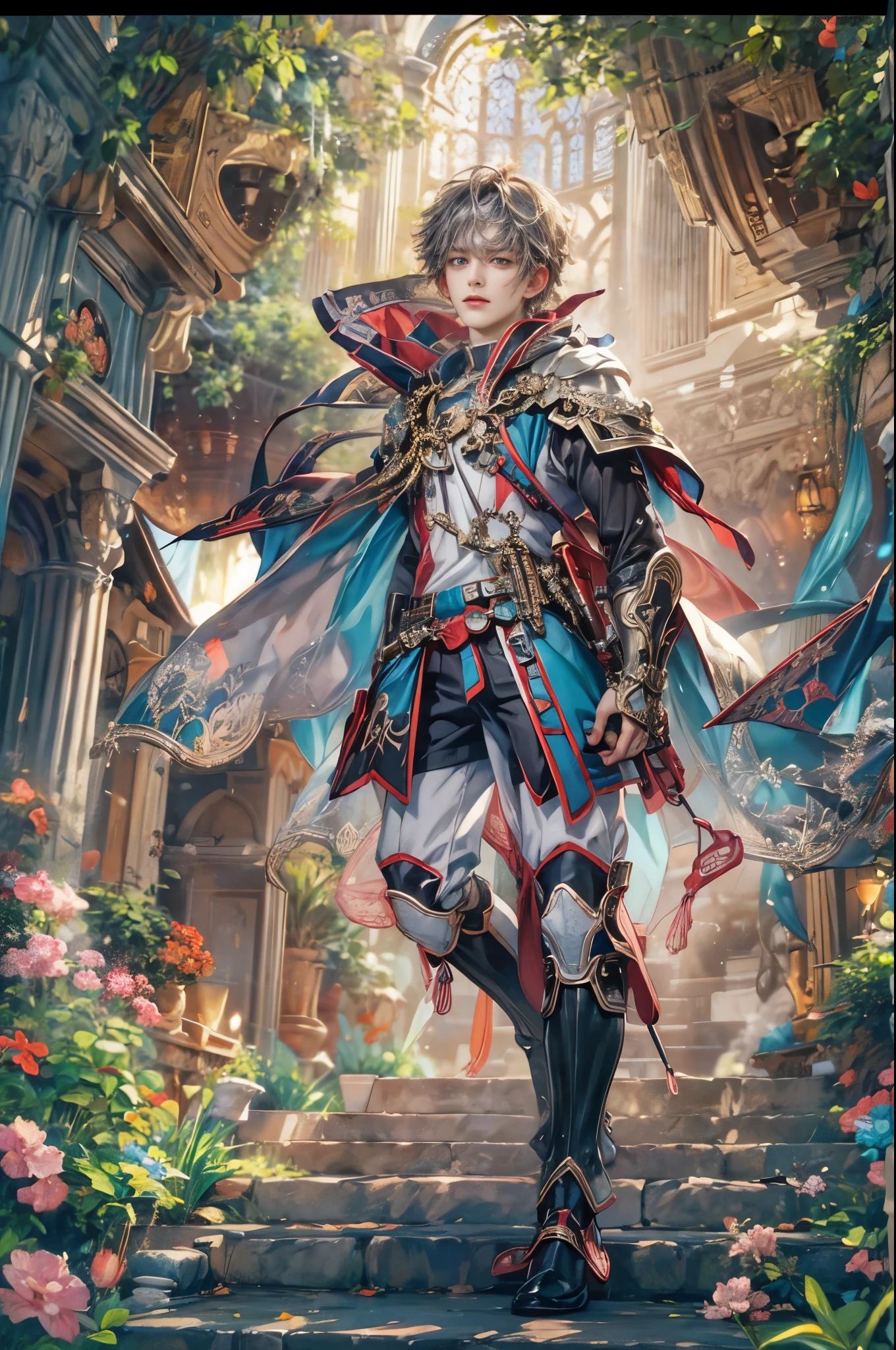 (absurdres, highres, ultra detailed, HDR), masterpiece, Intricate details,best quality picture of a character from Star Ocean, handsome  boy with short Hair anime eyes, intricate details on face, Hero Outfit showing Chest with cape in vivid color, detailed outside garden cathedral scenery, detailed character, art kenouji