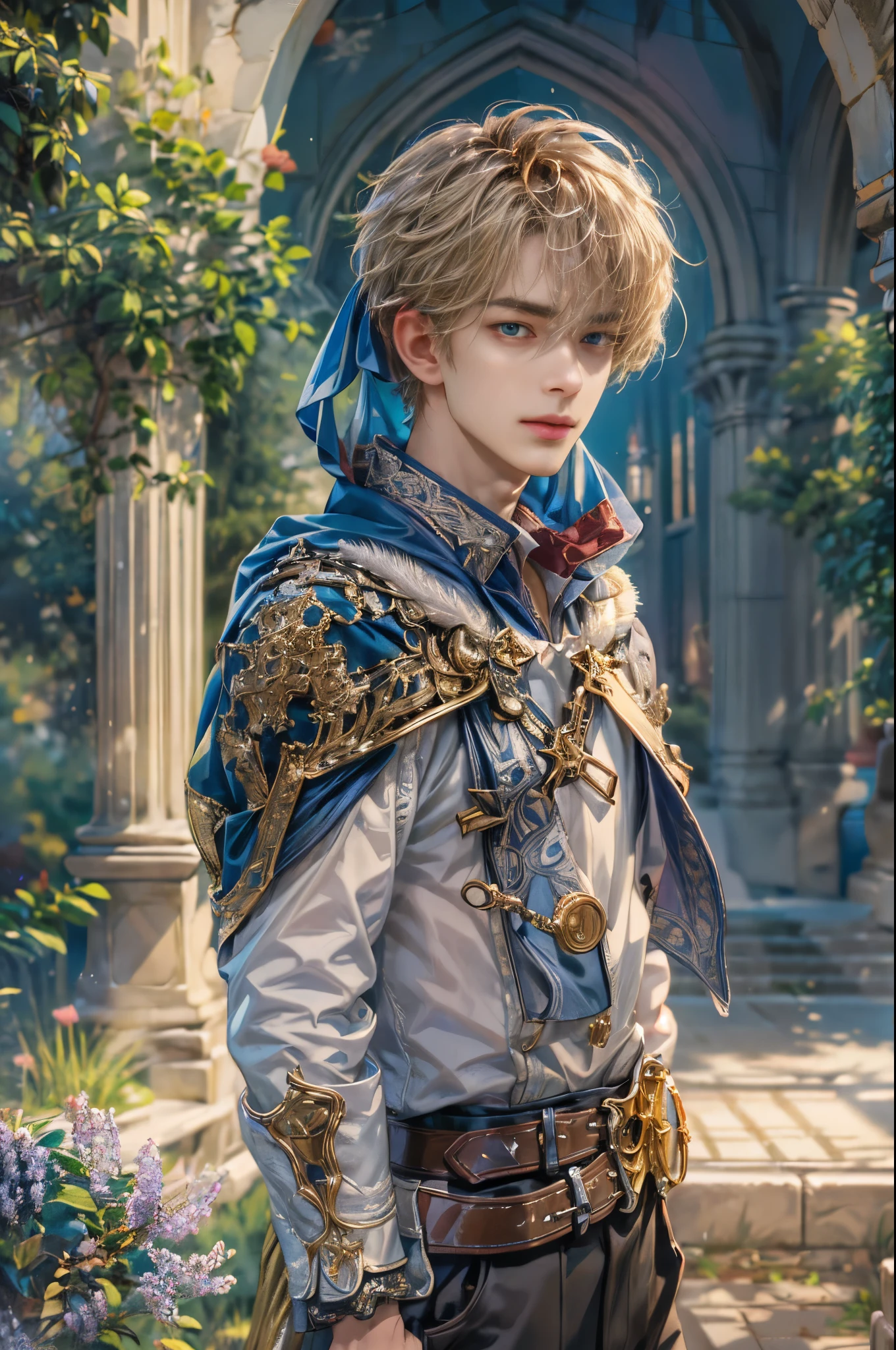 (absurdres, highres, ultra detailed, HDR), masterpiece, Intricate details,best quality picture of a character from Star Ocean, handsome teen boy with short Hair anime eyes, intricate details on face, Hero Outfit showing Chest with cape in vivid color, detailed outside garden cathedral scenery, detailed character, art kenouji