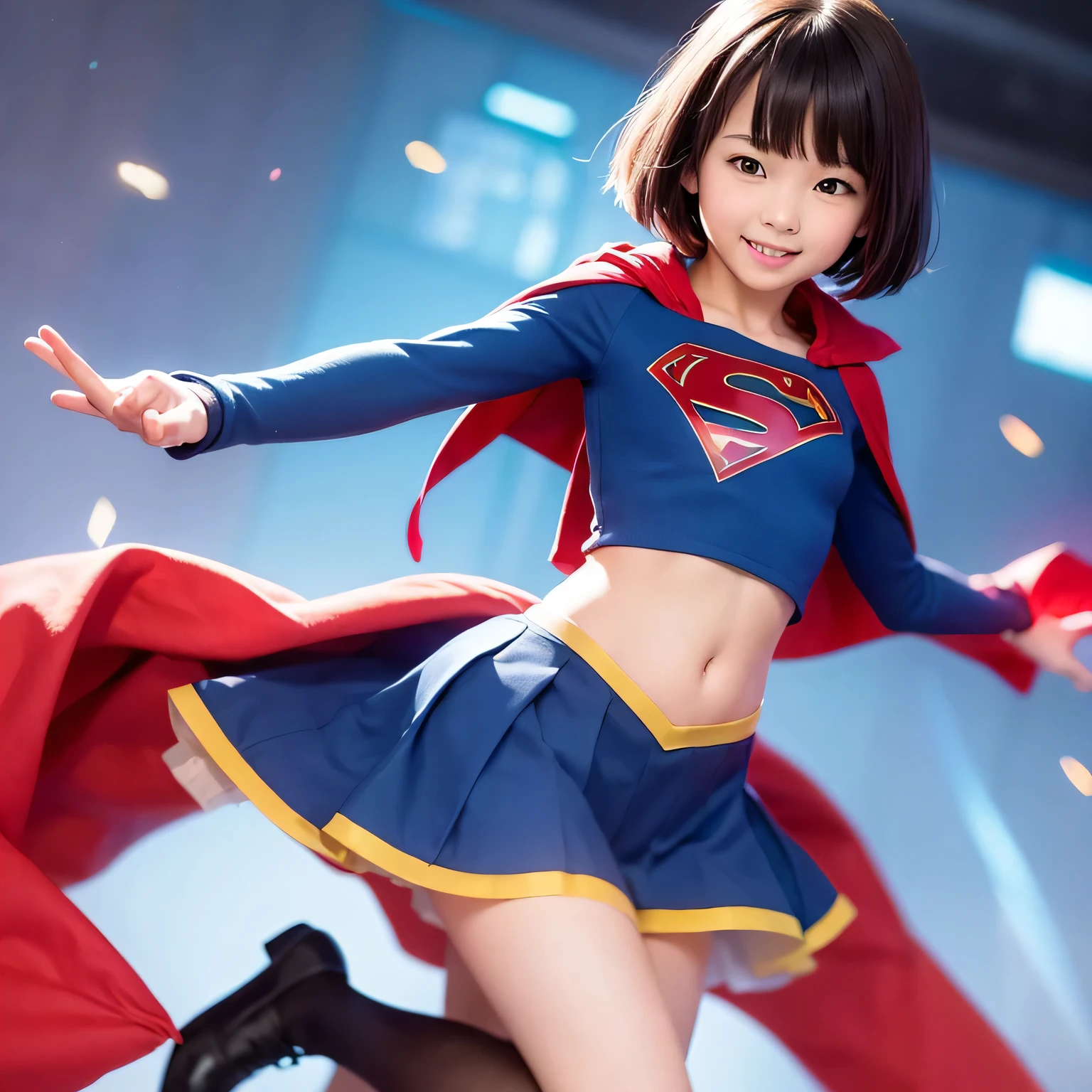 A  is wearing Supergirl clotheasterpiece of realistic painting、highest quality、Spreading black hair、bob cut with trimmed ends、(flat chest)、lolicon、red cloak、belly button、Glowing heart particles dance in the air、fighting pose、whole body、smile