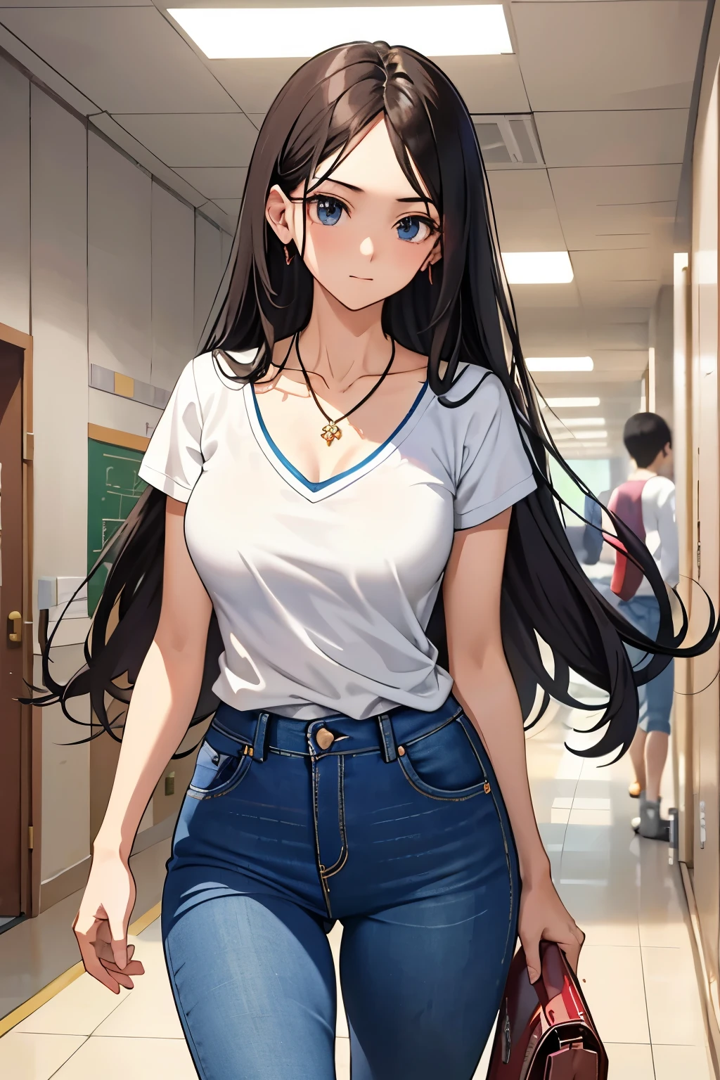Inside the school、campus、Beauty、Upper body、one piece、necklace、skinny jeans、During class。long hair、innocent face、corridor、walk、shy look、big chest、Meat farming is good、the shirt is tight、V-neck、I can see your chest