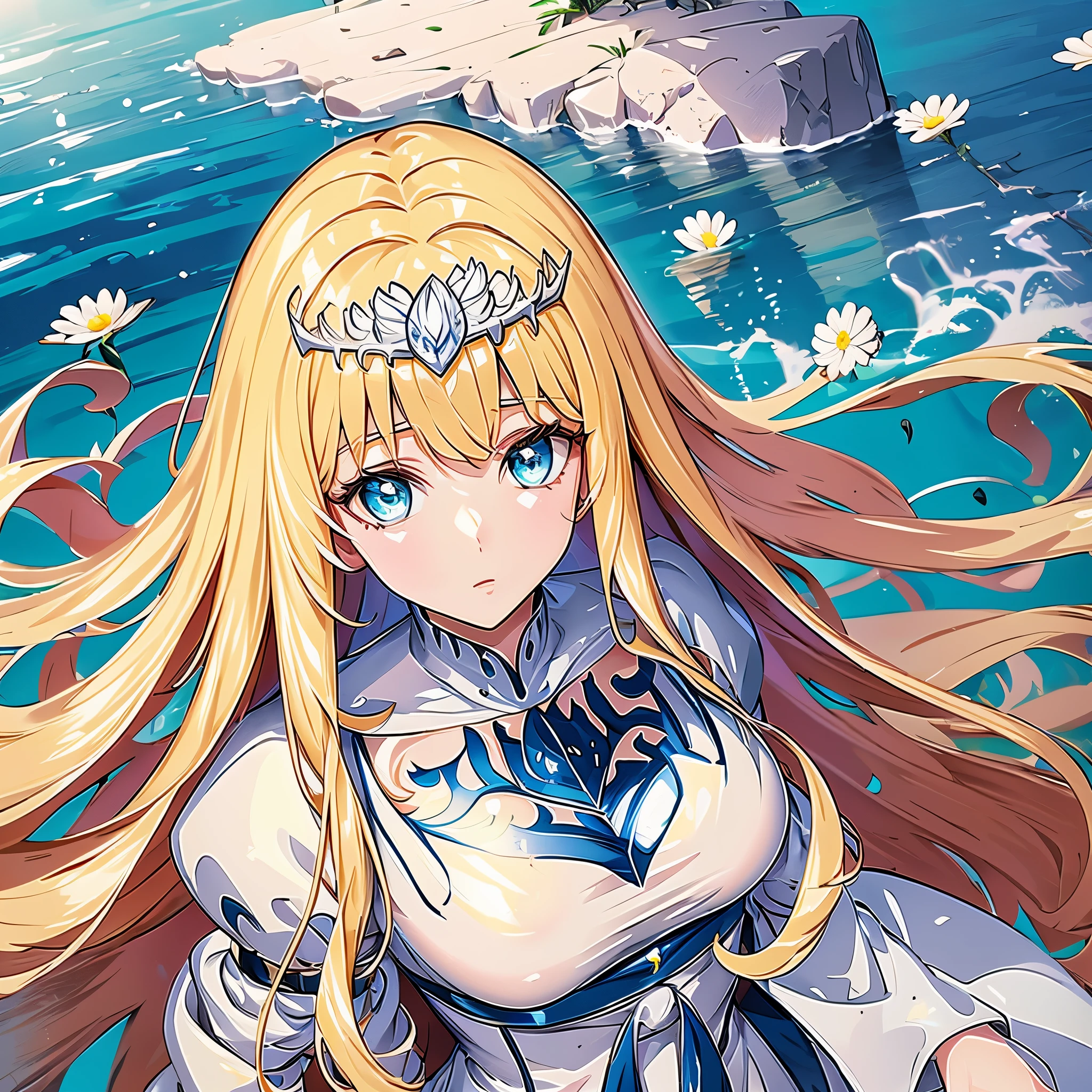 (masterpiece), (best quality), (ultra-detailed),(disheveled hair),(illustration), (1girl), (Fashionable clothing), standing, Fashion model, looking at the viewer, (interview), (simple background), beautiful detailed eyes, delicate beautiful face, Floating,(high saturation),(colorful splashes),colorful bubble,(shining), focus on face, floating flowers, floating hairs, (shining), best lighting, best shadow, 1girl, Calca, blonde hair, extremely long hair, white tiara, tiara on her head, white dress, blue eyes, medium breasts