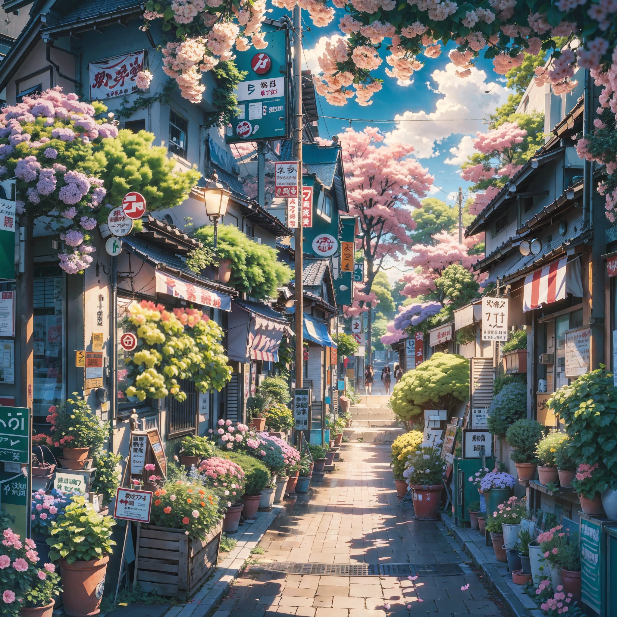 anime scenery of a street with a lot of signs and flowers, anime background art, tokyo - esque town, tokyo anime scene, beautiful anime scene, japanese street, anime art wallpaper 8 k, anime style cityscape, anime art wallpaper 4 k, anime art wallpaper 4k, anime aesthetic, highly detailed digital painting, jen bartel, anime scenery concept art