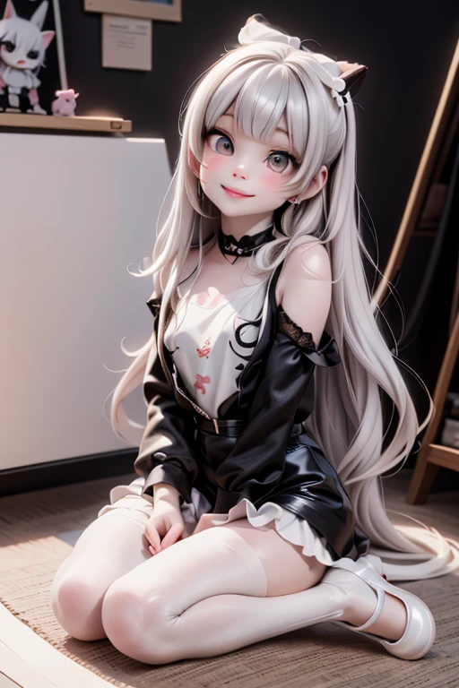 masterpiece, best quality, a cute girl smiling, long hair, (white skin:1.6), red smokey eyes makeup, crop shirt, short puffy sleeves, mini skirt, earrings, big_black_bat_wings, goat _horn_on_head, choke, (white pantyhose), ((Lolita shoes)), ((patent leather PUMPS)), laying, from below, footwear focus, (((clothes tug))), ultrarealistic, cute digital painting, cute digital art, realistic cute girl painting, cute detailed digital art, cute cartoon characters, beautiful character painting, cute characters, cute anime girl, cute cartoon, kawaii realistic portrait, digital cartoon painting art, cartoon cute, cute portrait, render a cute 3D anime girl, kawaii realistic portrait, anime moe art style, drawn in an anime artist studio, sitting on the ground, high - end fashion photoshoot,