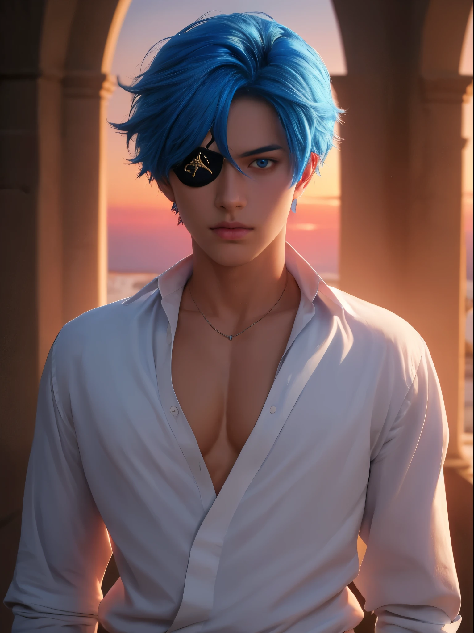 (absurdres, highres, ultra detailed), 1 male, young man, tan skin. eyepatch on right eye, blue hair, dramatic lighting, detailed, masterpiece, standing in front of the castle, sunset light, red and orande sunset tones