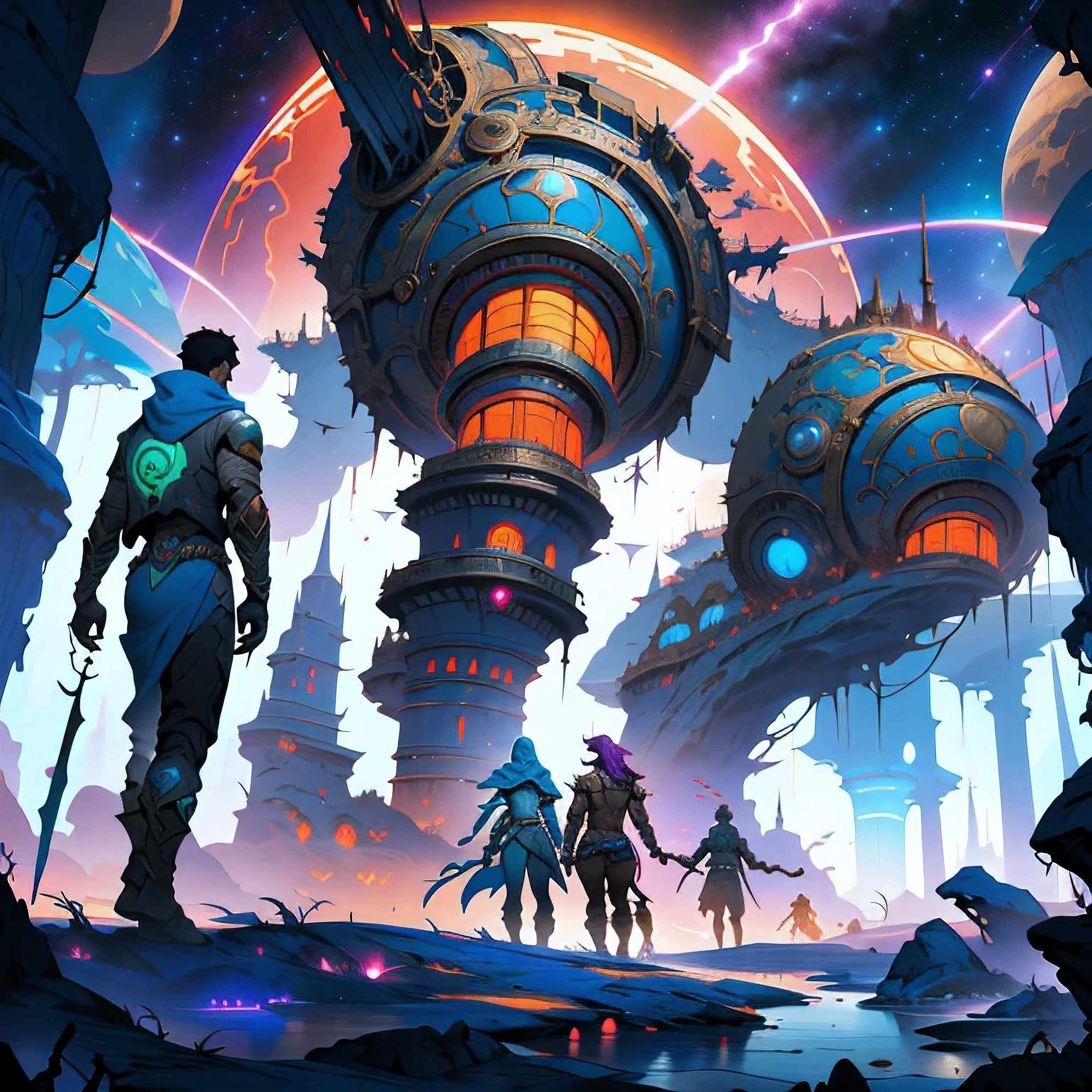 A wallpaper written "Numenera: The Knife's Edge:" with just 5 characters, 3 men and 2 women, dressed in futuristic clothes different from each other, wielding different weapons, seen from a distance and with their backs on an unknown planet looking at a dark, starry sky, with many fluorescent colors and a large space station being swallowed by a black hole, 4k, numenera, rpg, dan mumford and peter mohrbacher, epic fantasy sci fi illustration, anton fadeev and dan mumford, dan mumford. concept art, fractal thunder dan mumford, epic fantasy digital art style, dan mumford tom bagshaw, fantasy game art style, epic fantasy art style