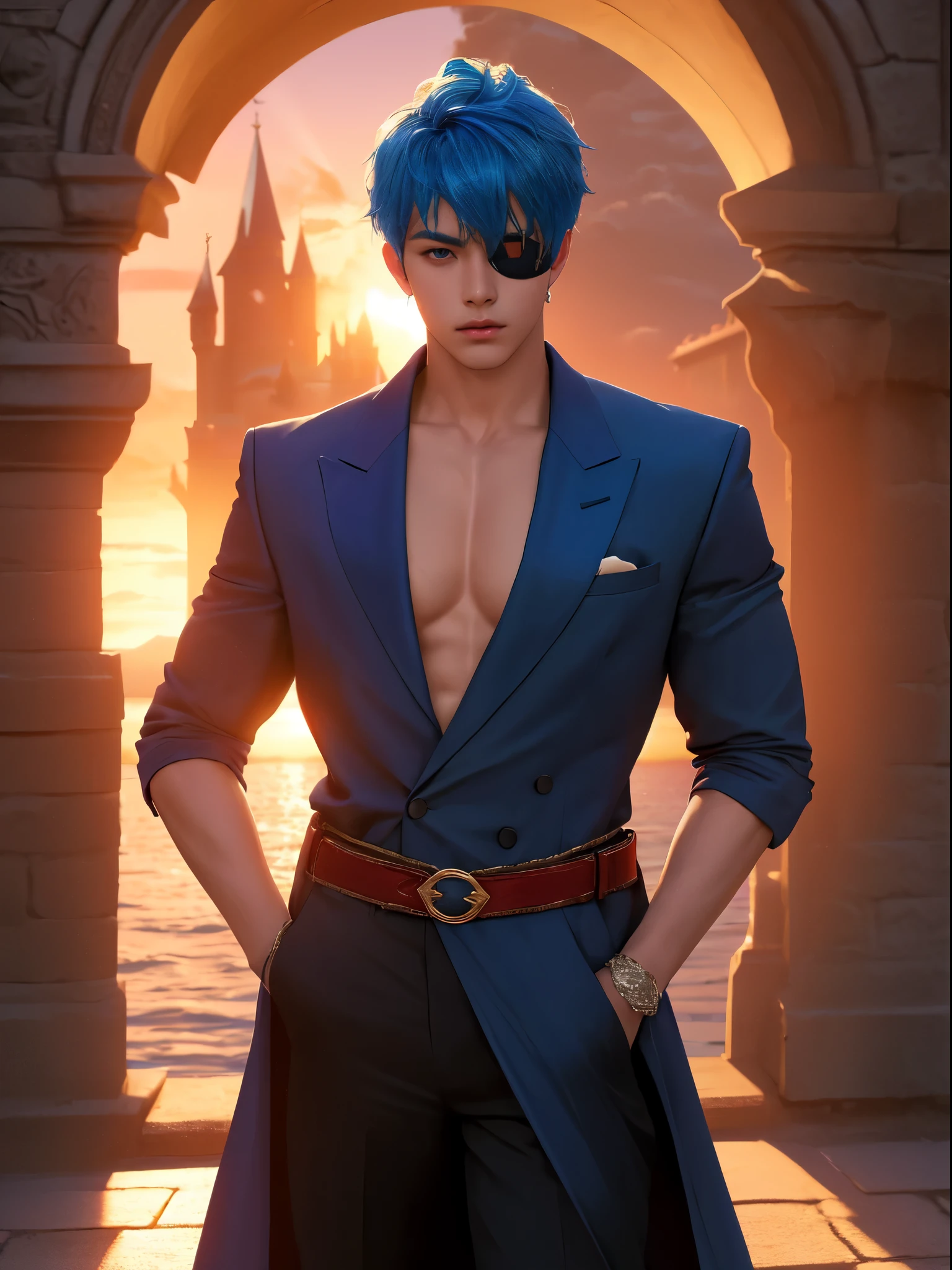 (absurdres, highres, ultra detailed), 1 male, young man, tan skin. eyepatch on right eye, blue hair, dramatic lighting, detailed, masterpiece, standing in front of the castle, sunset light, red and orande sunset tones