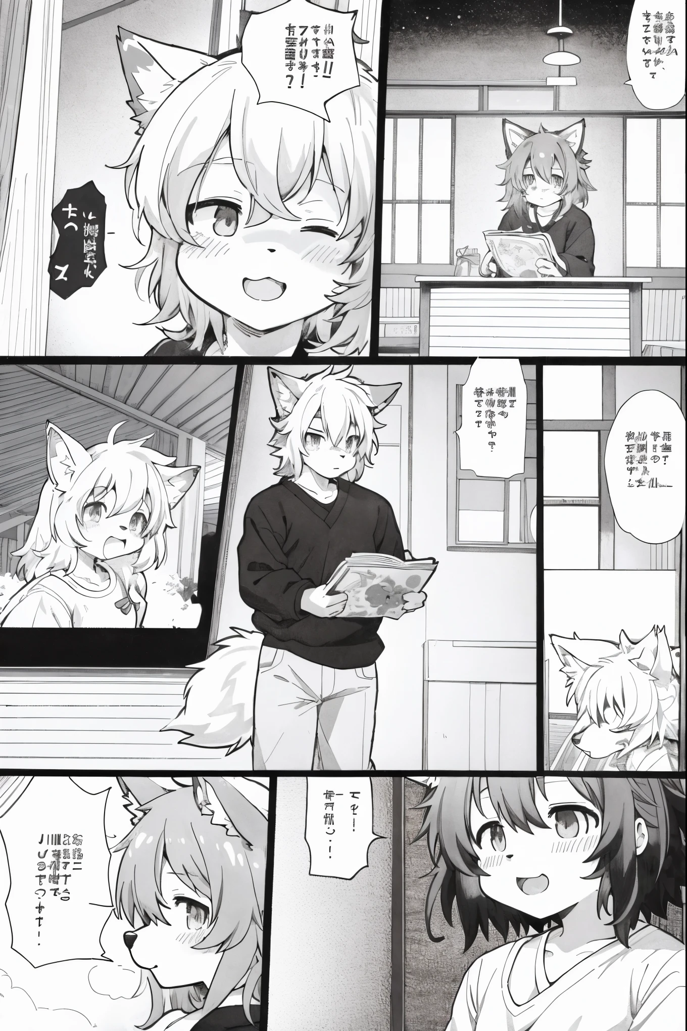 top quality, best quality, highres, unparalleled masterpiece, perfect artwork, paid reward available, indoor, couple of comics(super cute 1girl, 1wolf, kemono, furry anthro)tumblr, sosaku hanga, black and white manga page, manga page, doujin, ddlc, anime, comedy comic, black and white manga panel, zerochan,