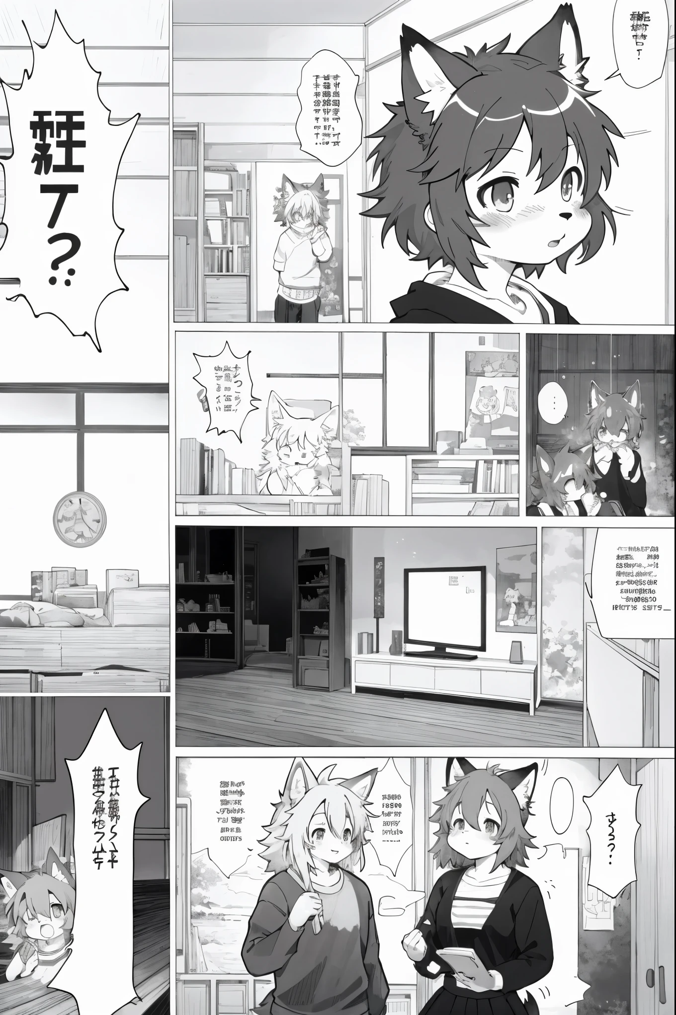 top quality, best quality, highres, unparalleled masterpiece, perfect artwork, paid reward available, indoor, couple of comics(super cute 1girl, 1wolf, kemono, furry anthro)tumblr, sosaku hanga, black and white manga page, manga page, doujin, ddlc, anime, comedy comic, black and white manga panel, zerochan,