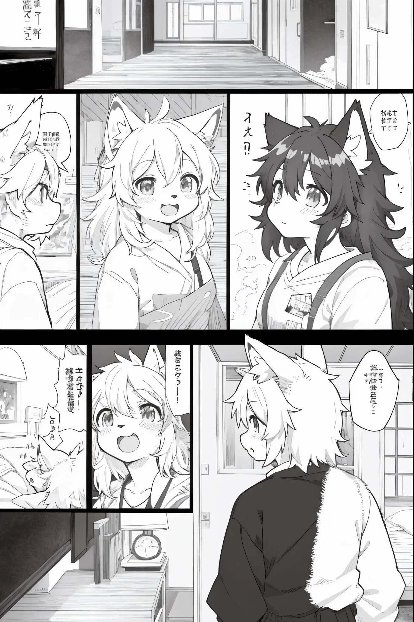 top quality, best quality, highres, unparalleled masterpiece, perfect artwork, paid reward available, indoor, couple of comics(super cute 1girl, 1wolf, kemono, furry anthro)tumblr, sosaku hanga, black and white manga page, manga page, doujin, ddlc, anime, comedy comic, black and white manga panel, zerochan,