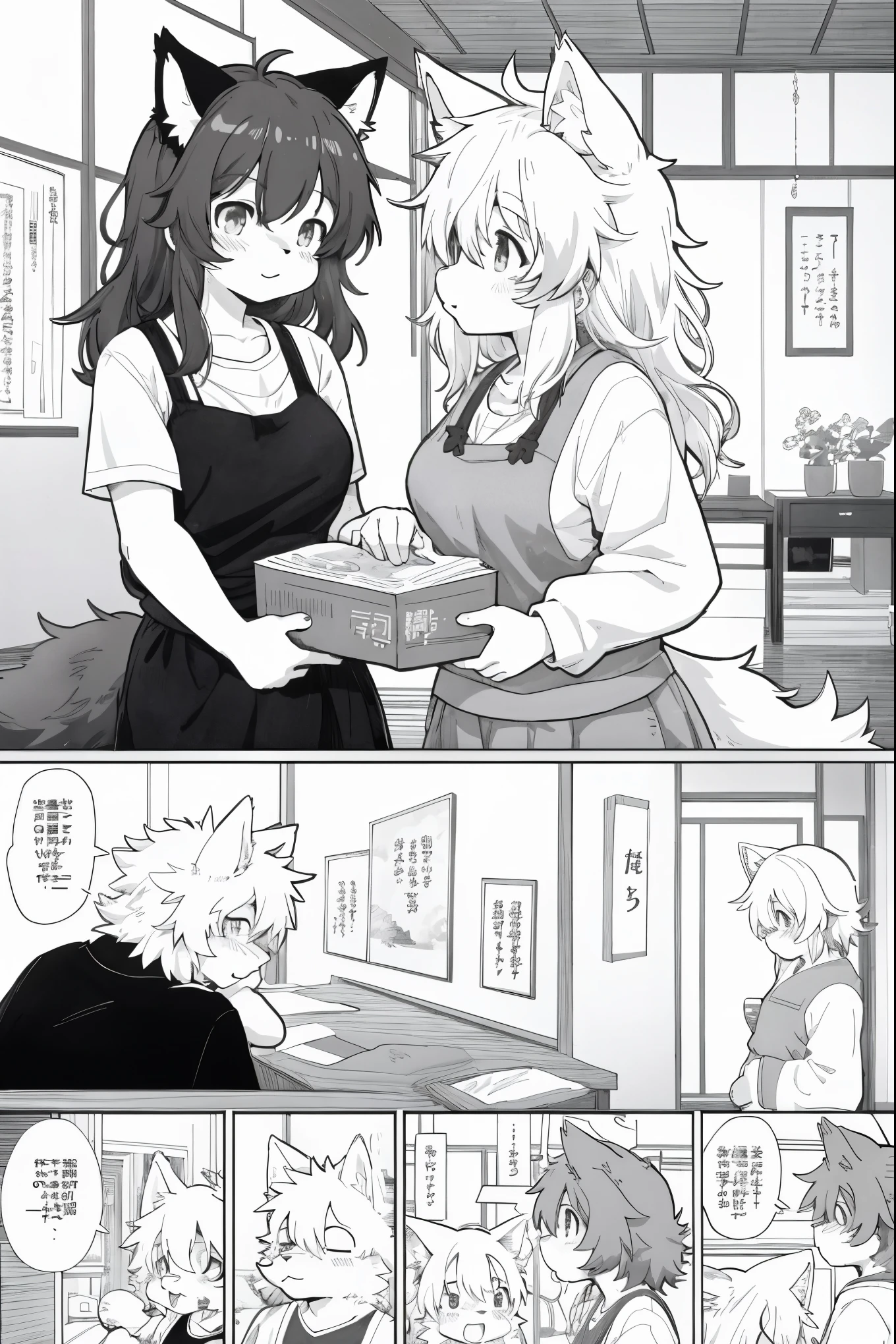 top quality, best quality, highres, unparalleled masterpiece, perfect artwork, paid reward available, indoor, couple of comics(super cute 1girl, 1wolf, kemono, furry anthro)tumblr, sosaku hanga, black and white manga page, manga page, doujin, ddlc, anime, comedy comic, black and white manga panel, zerochan,