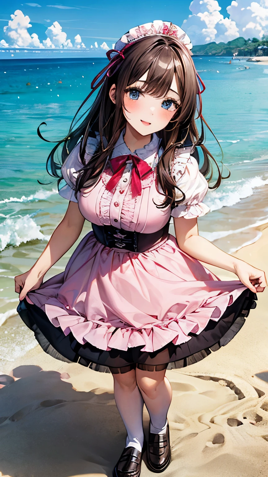 high quality masterpiece, cute girl, Blue eyes Wink, plump lips, red feathered Ribbon, standing, cute pink lolita dress, loafers, evening beach, Low angle
