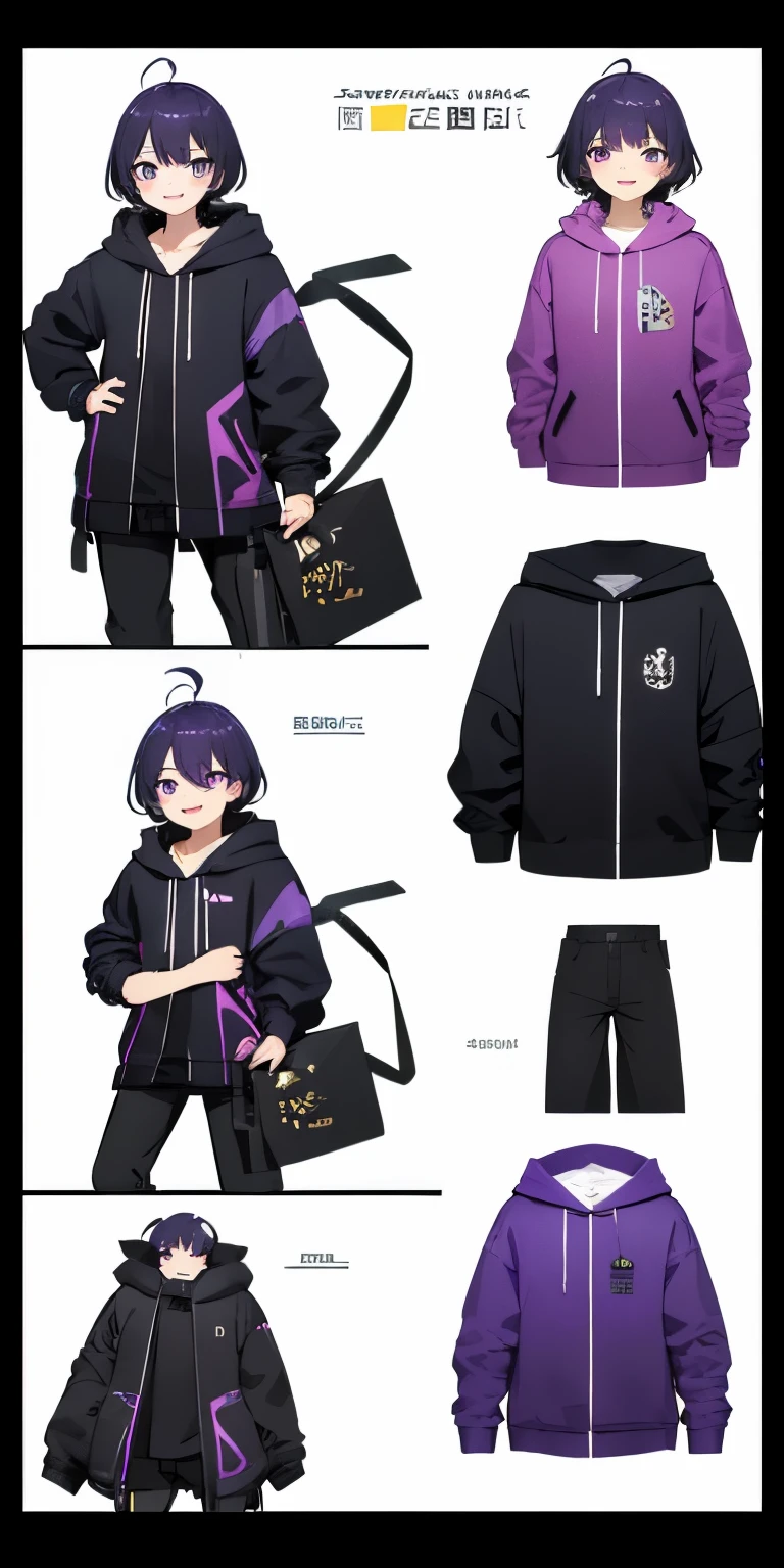 on lap,((((upright)))), ((((stand up)))), looking at the viewer, simple background、white background, 1 man, open your mouth, smile, Virtual YouTuber、((highest quality, expensive_solve, clear_image)),(black hair), (Ahoge), (ridiculously short hair), (purple eyes),、laughter、((concept art))、((front))、Men、black and purple hoodie