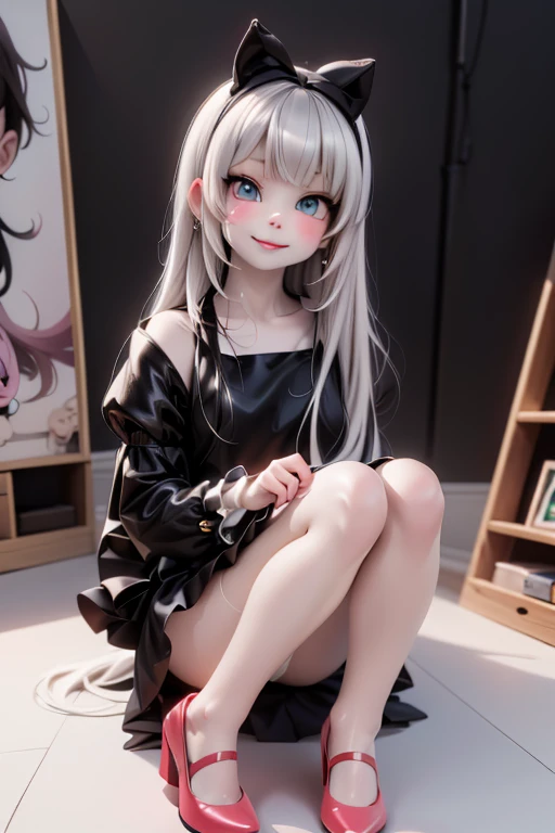 masterpiece, best quality, a cute girl smiling, long hair, (white skin:1.6), red smokey eyes makeup, crop shirt, short puffy sleeves, mini skirt, earrings, big_black_bat_wings, goat _horn_on_head, choke, (white pantyhose), ((ta shoes)), ((patent leather PUMPS)), laying, from below, footwear focus, (((clothes tug))), ultrarealistic, cute digital painting, cute digital art, realistic cute girl painting, cute detailed digital art, cute cartoon characters, beautiful character painting, cute characters, cute anime girl, cute cartoon, kawaii realistic portrait, digital cartoon painting art, cartoon cute, cute portrait, render a cute 3D anime girl, kawaii realistic portrait, anime moe art style, drawn in an anime artist studio, sitting on the ground, high - end fashion photoshoot,