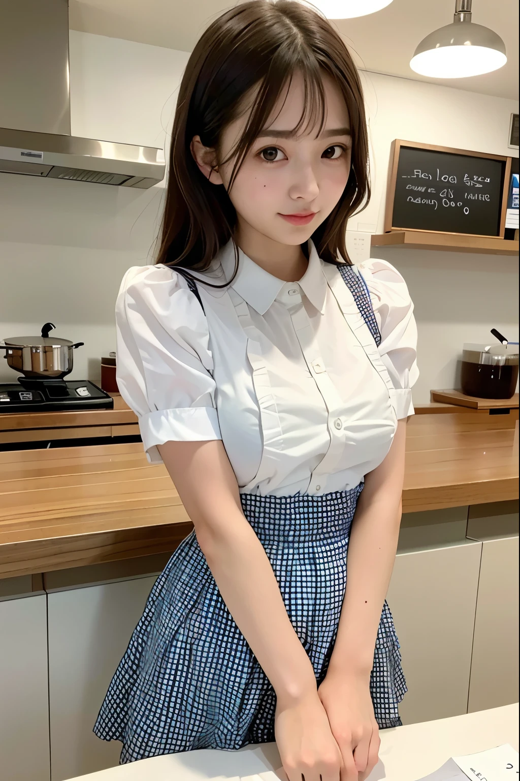 (highest quality, 8k, masterpiece :1.3), adult beauty，cafe clerk，brown shortcut，eyes are big and blue，small breasts，young face，short start，thin blouse with frills，checked skirt，apron，put both hands forward