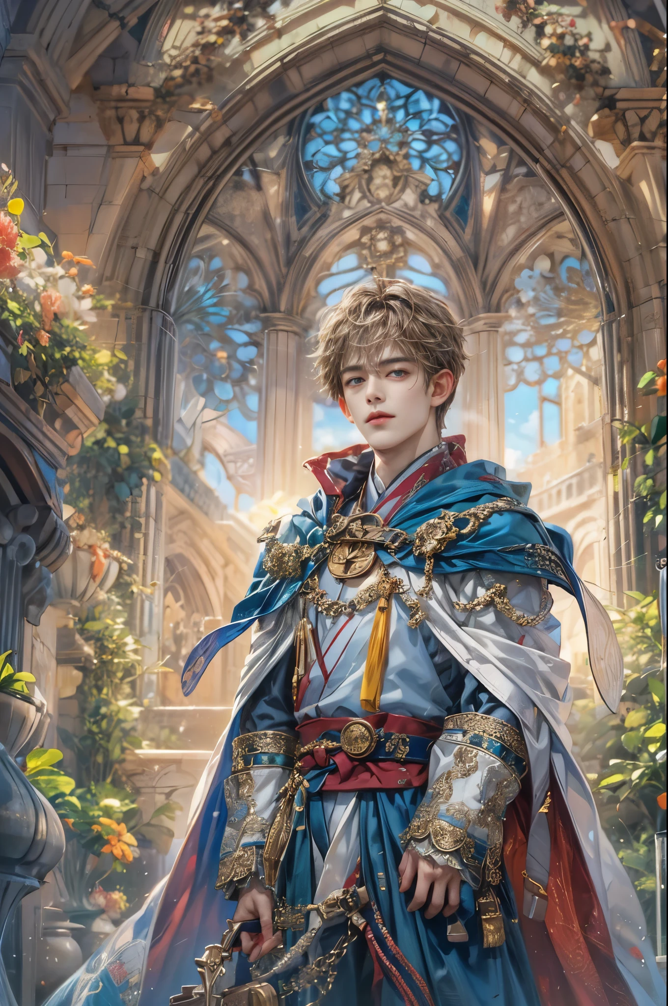 (absurdres, highres, ultra detailed, HDR), masterpiece, Intricate details,best quality picture of a character from Star Ocean, handsome korean teen boy with short Hair anime eyes, intricate details on face, Hero Outfit showing Chest with cape in vivid color, detailed outside garden cathedral scenery, detailed character, art kenouji
