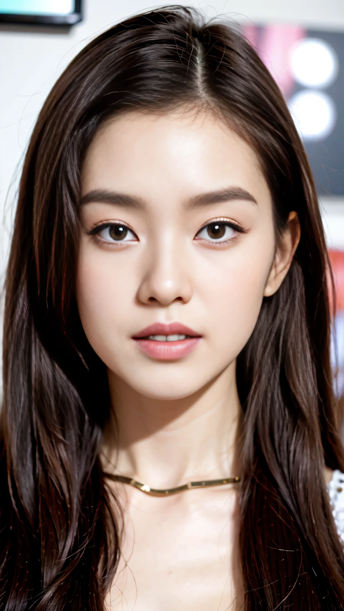 Close-up of a person with long hair and pink lipstick, that&#39;With a cute Korean face, Clean and cute face, young adorable korean face, she has a cute face, blackpink joshi, blackpink larisa manoban, Larisa Manovar, With cute doting eyes, she has a cute expressive face, black pink jenny, young and cute face、genuine、pieces fly、masterpiece skin
