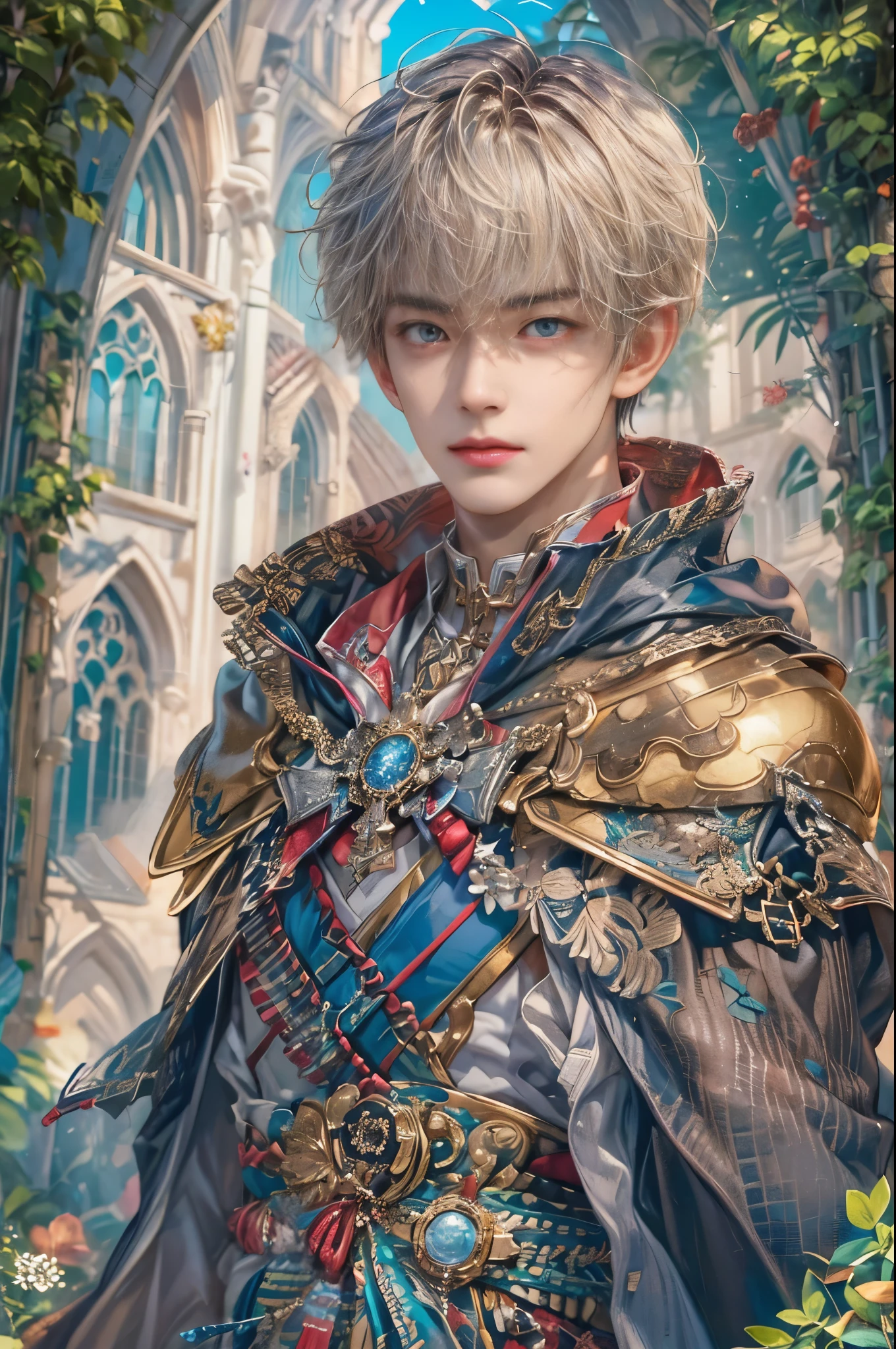 (absurdres, highres, ultra detailed, HDR), masterpiece, Intricate details,best quality picture of a character from Star Ocean, handsome korean  boy with short Hair anime eyes, intricate details on face, Hero Outfit showing Chest with cape in vivid color, detailed outside garden cathedral scenery, detailed character, art kenouji