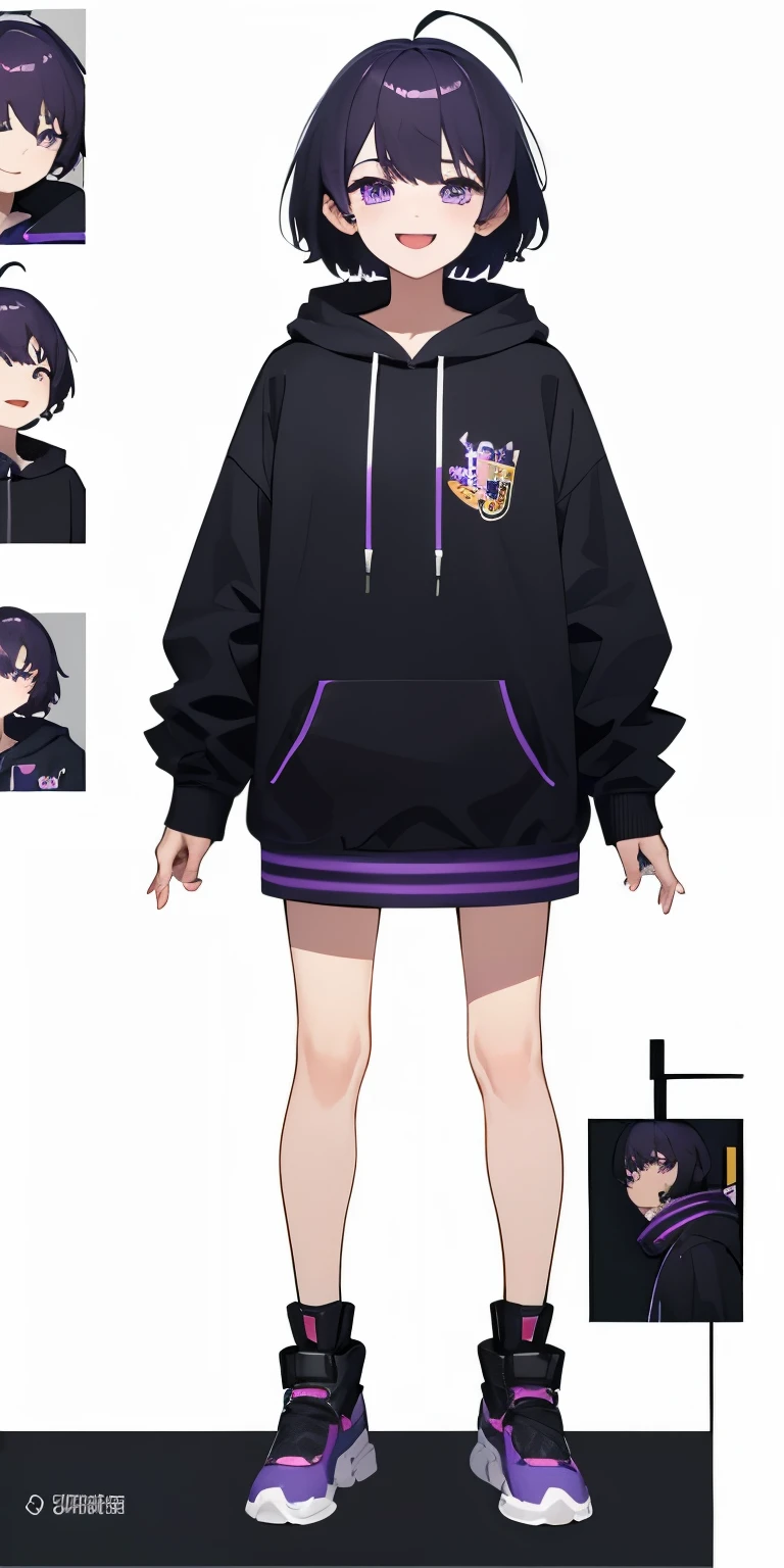 on lap,((((upright)))), ((((stand up)))), looking at the viewer, simple background、white background, 1 man, open your mouth, smile, Virtual YouTuber、((highest quality, expensive_solve, clear_image)),(black hair), (Ahoge), (ridiculously short hair), (purple eyes),、laughter、((concept art))、((front))、Men、black and purple hoodie